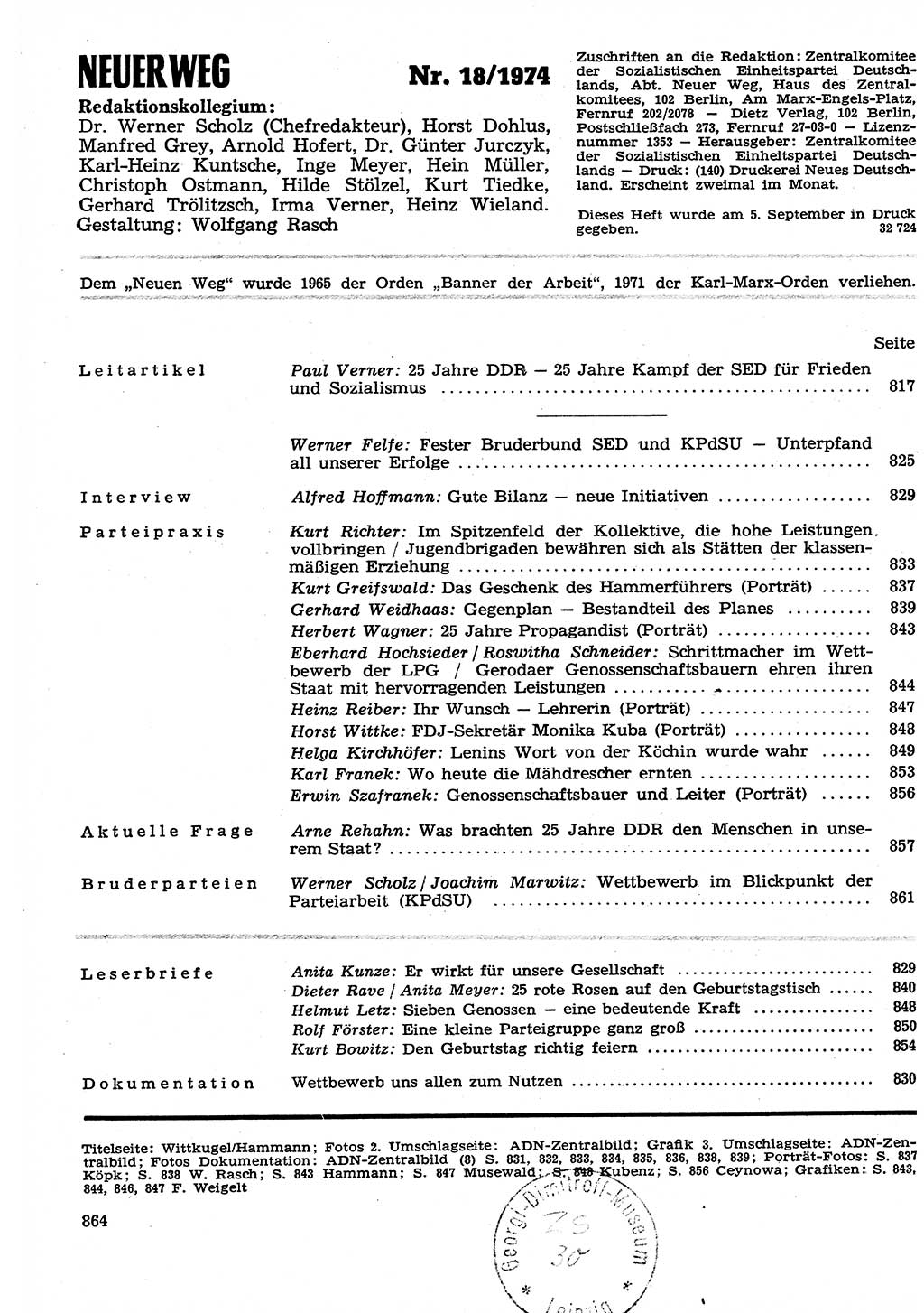 Neuer Weg (NW), Organ des Zentralkomitees (ZK) der SED (Sozialistische Einheitspartei Deutschlands) für Fragen des Parteilebens, 29. Jahrgang [Deutsche Demokratische Republik (DDR)] 1974, Seite 864 (NW ZK SED DDR 1974, S. 864)