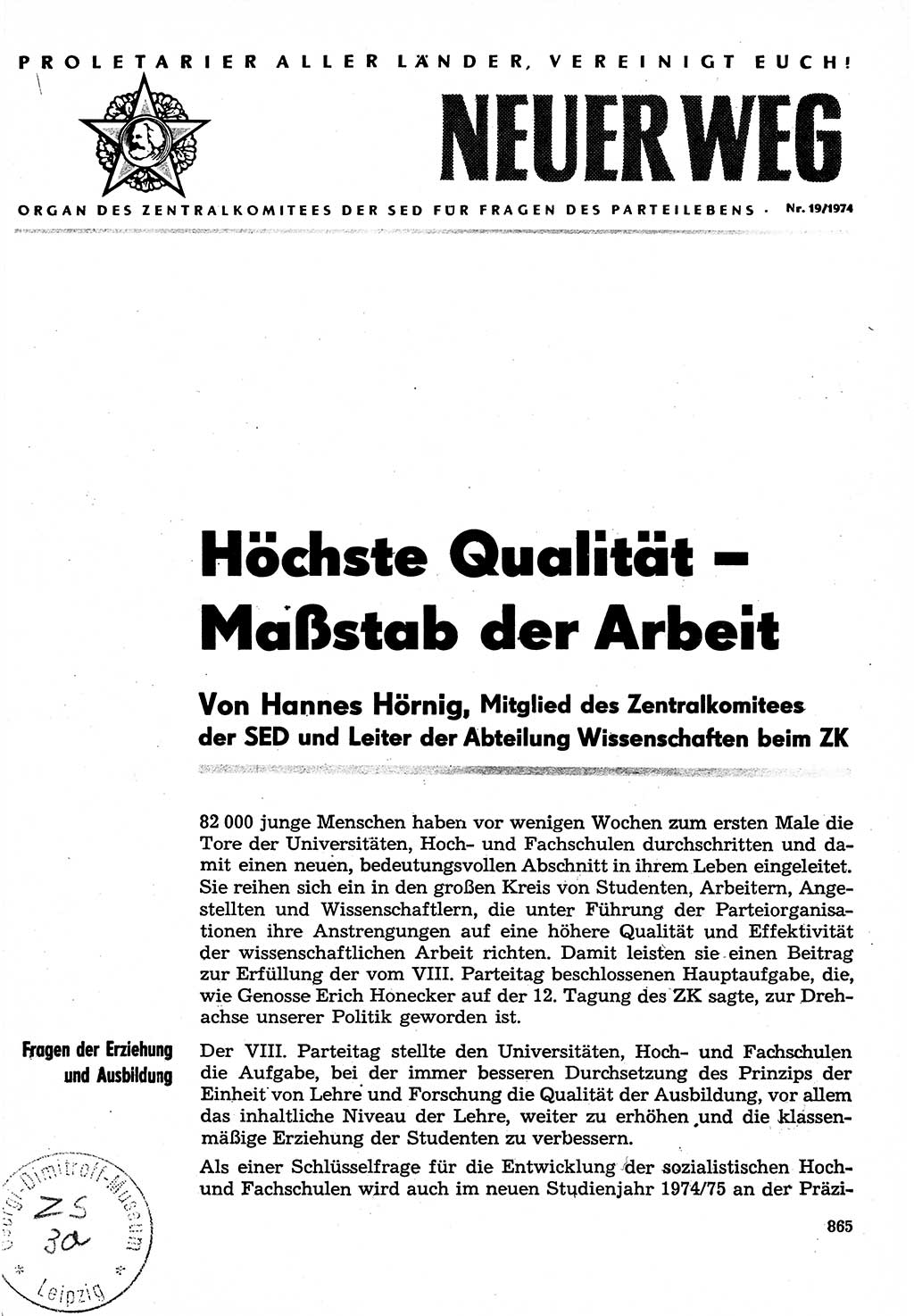 Neuer Weg (NW), Organ des Zentralkomitees (ZK) der SED (Sozialistische Einheitspartei Deutschlands) für Fragen des Parteilebens, 29. Jahrgang [Deutsche Demokratische Republik (DDR)] 1974, Seite 865 (NW ZK SED DDR 1974, S. 865)