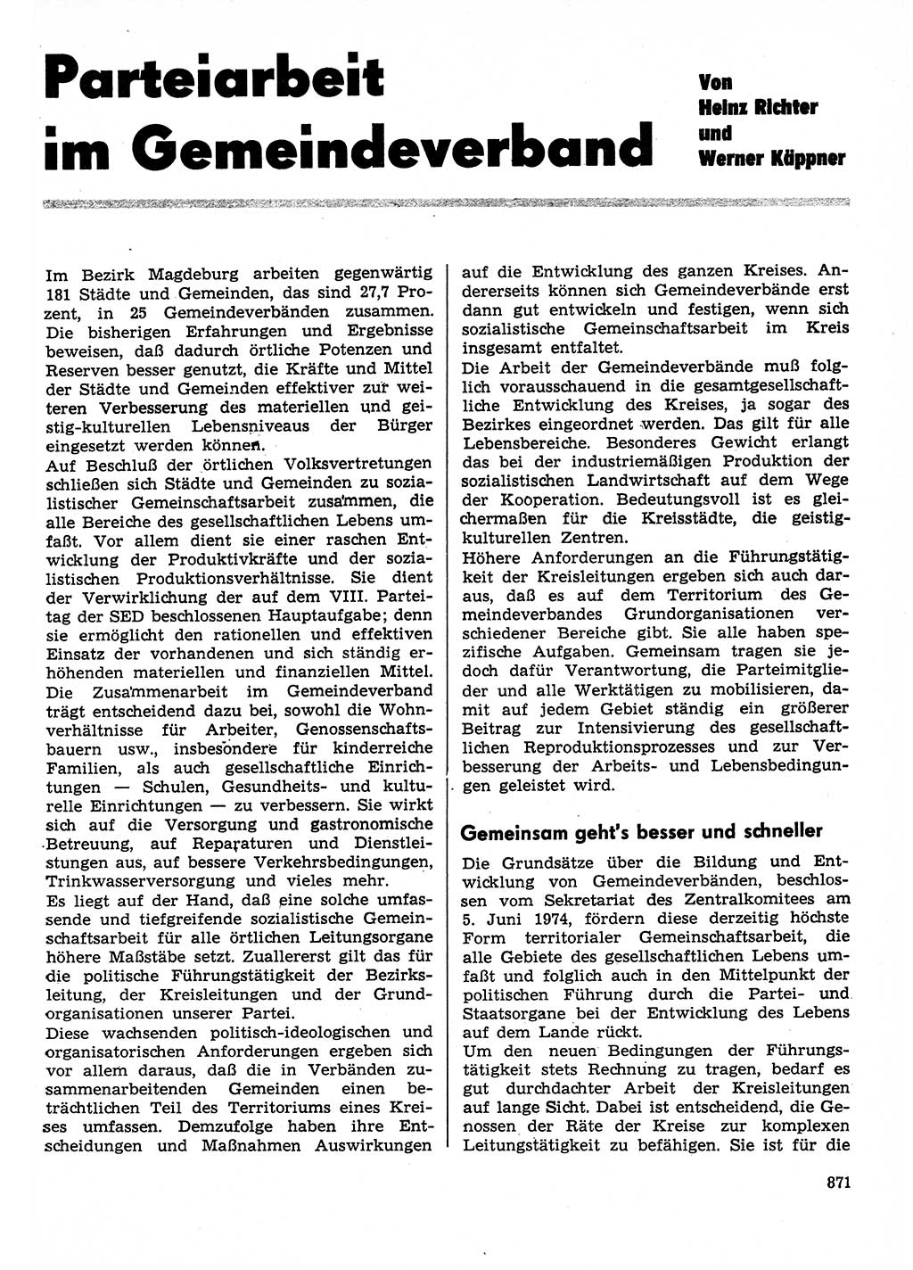 Neuer Weg (NW), Organ des Zentralkomitees (ZK) der SED (Sozialistische Einheitspartei Deutschlands) für Fragen des Parteilebens, 29. Jahrgang [Deutsche Demokratische Republik (DDR)] 1974, Seite 871 (NW ZK SED DDR 1974, S. 871)