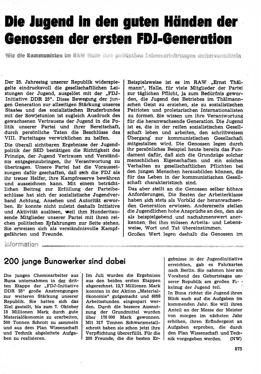 Neuer Weg (NW), Organ des Zentralkomitees (ZK) der SED (Sozialistische Einheitspartei Deutschlands) für Fragen des Parteilebens, 29. Jahrgang [Deutsche Demokratische Republik (DDR)] 1974, Seite 875 (NW ZK SED DDR 1974, S. 875)