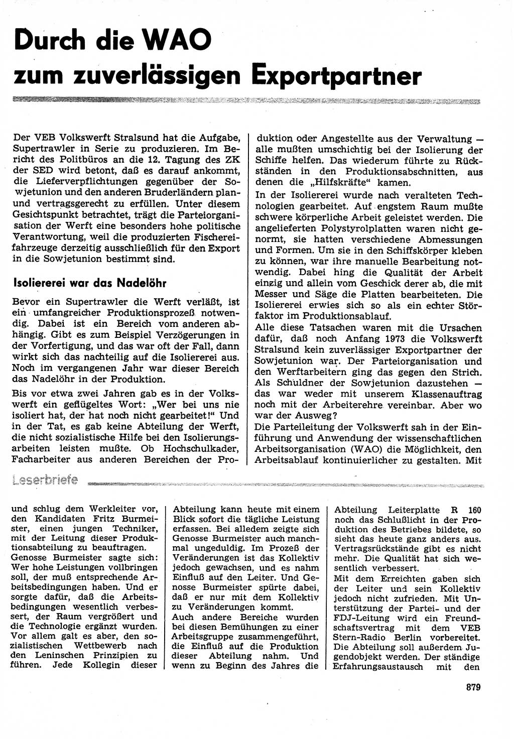 Neuer Weg (NW), Organ des Zentralkomitees (ZK) der SED (Sozialistische Einheitspartei Deutschlands) für Fragen des Parteilebens, 29. Jahrgang [Deutsche Demokratische Republik (DDR)] 1974, Seite 879 (NW ZK SED DDR 1974, S. 879)