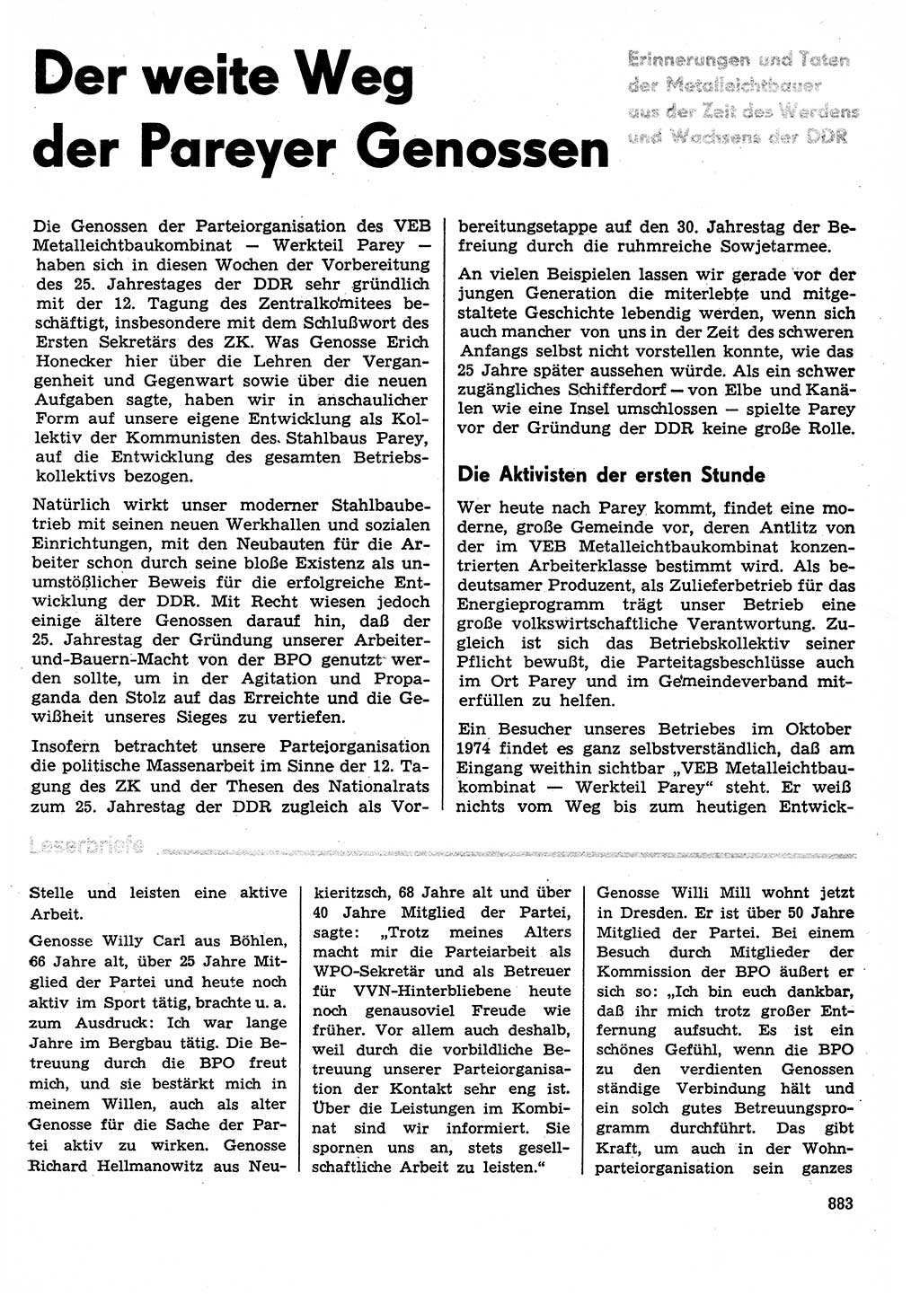 Neuer Weg (NW), Organ des Zentralkomitees (ZK) der SED (Sozialistische Einheitspartei Deutschlands) für Fragen des Parteilebens, 29. Jahrgang [Deutsche Demokratische Republik (DDR)] 1974, Seite 883 (NW ZK SED DDR 1974, S. 883)