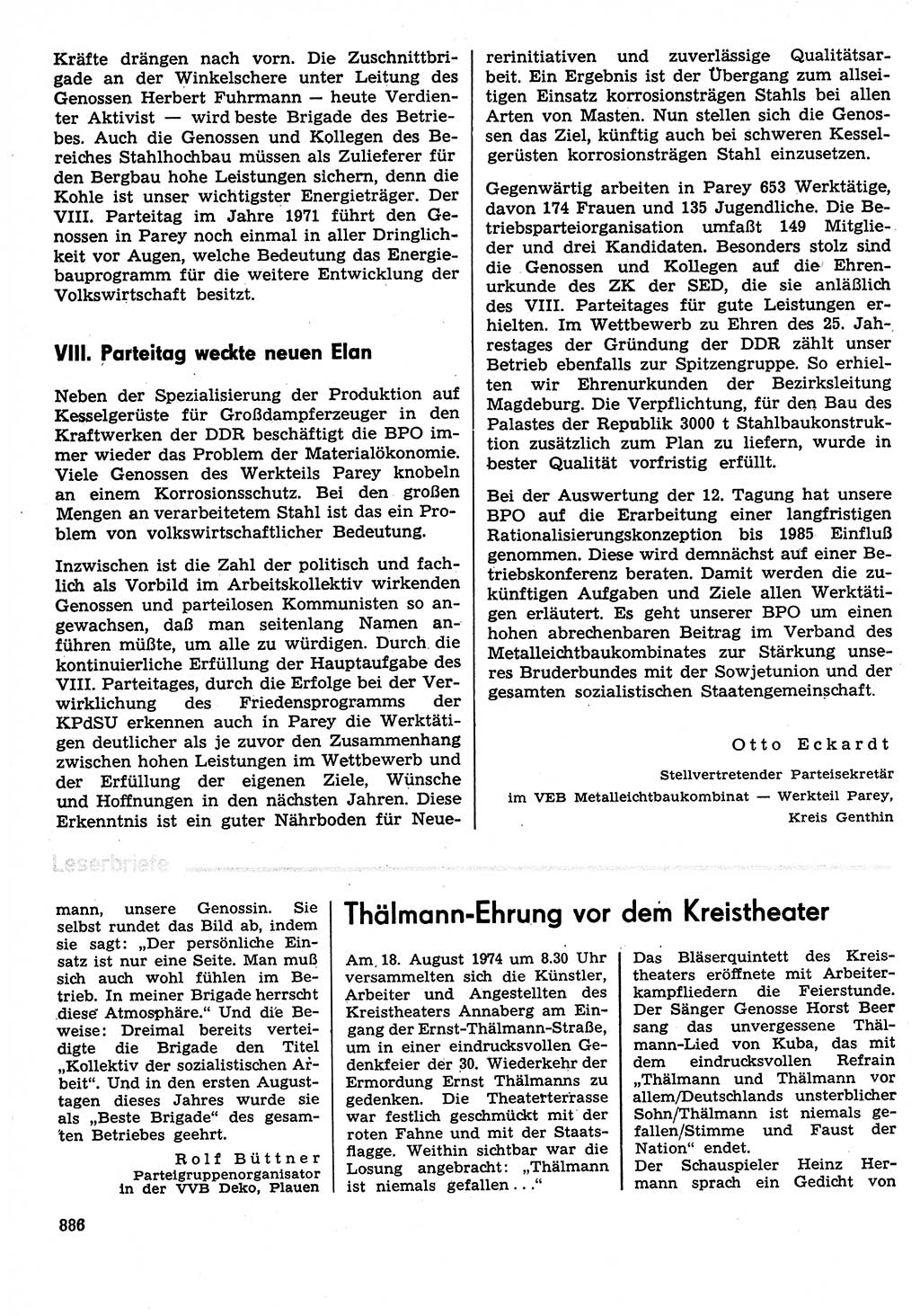 Neuer Weg (NW), Organ des Zentralkomitees (ZK) der SED (Sozialistische Einheitspartei Deutschlands) für Fragen des Parteilebens, 29. Jahrgang [Deutsche Demokratische Republik (DDR)] 1974, Seite 886 (NW ZK SED DDR 1974, S. 886)