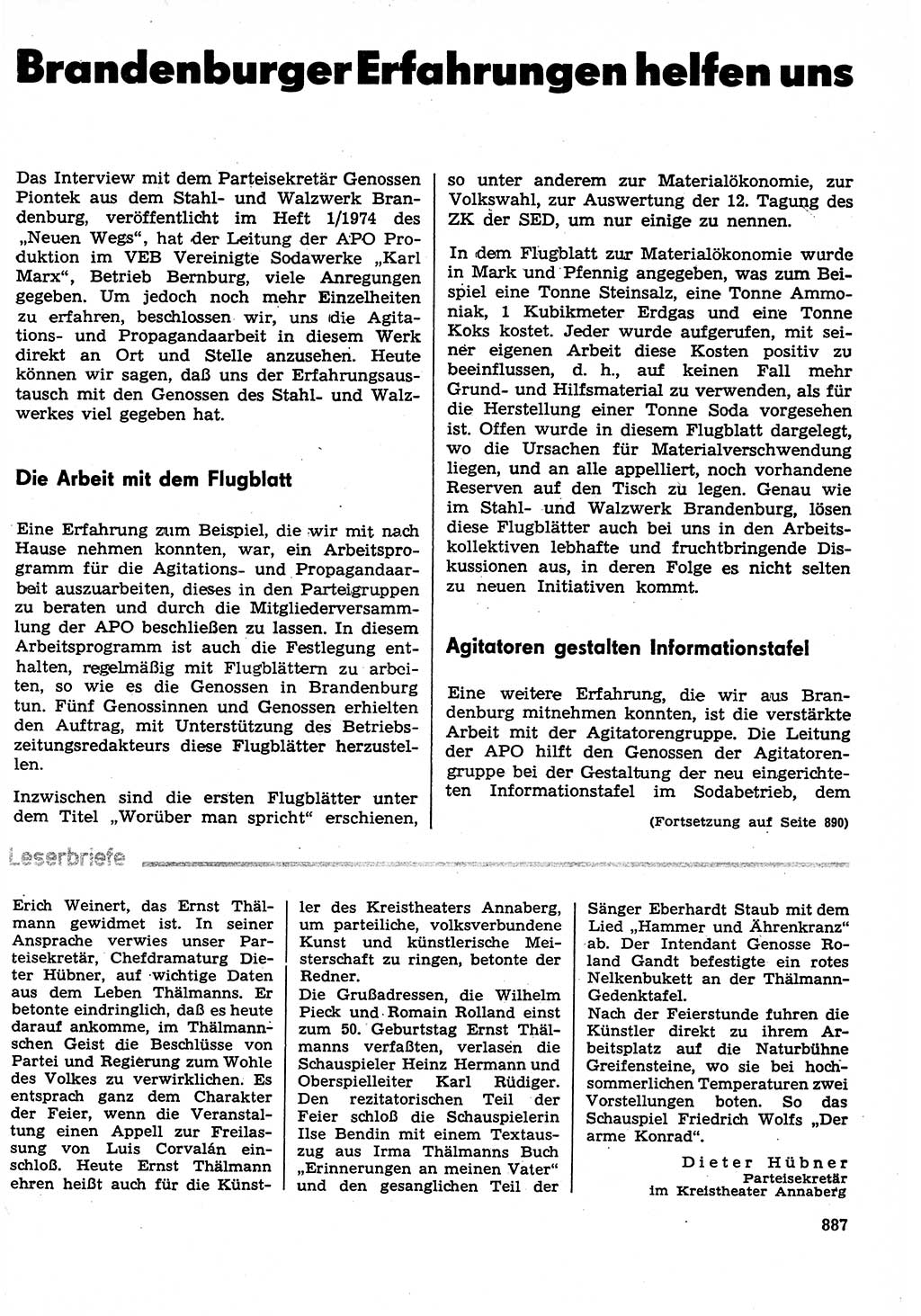 Neuer Weg (NW), Organ des Zentralkomitees (ZK) der SED (Sozialistische Einheitspartei Deutschlands) für Fragen des Parteilebens, 29. Jahrgang [Deutsche Demokratische Republik (DDR)] 1974, Seite 887 (NW ZK SED DDR 1974, S. 887)