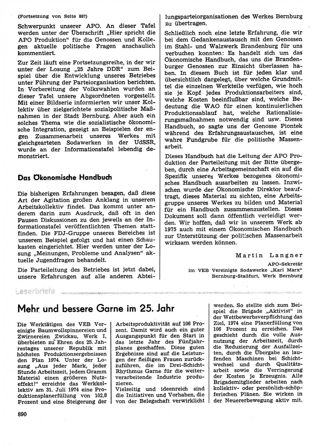 Neuer Weg (NW), Organ des Zentralkomitees (ZK) der SED (Sozialistische Einheitspartei Deutschlands) für Fragen des Parteilebens, 29. Jahrgang [Deutsche Demokratische Republik (DDR)] 1974, Seite 890 (NW ZK SED DDR 1974, S. 890)
