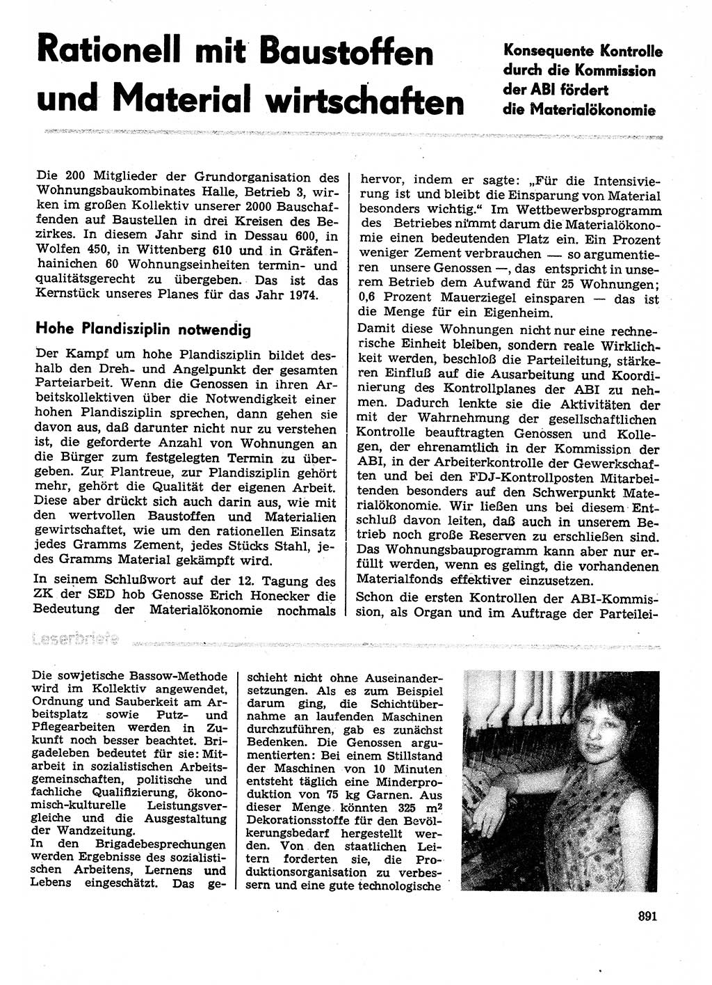 Neuer Weg (NW), Organ des Zentralkomitees (ZK) der SED (Sozialistische Einheitspartei Deutschlands) für Fragen des Parteilebens, 29. Jahrgang [Deutsche Demokratische Republik (DDR)] 1974, Seite 891 (NW ZK SED DDR 1974, S. 891)