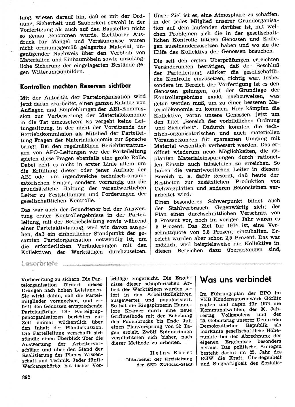 Neuer Weg (NW), Organ des Zentralkomitees (ZK) der SED (Sozialistische Einheitspartei Deutschlands) für Fragen des Parteilebens, 29. Jahrgang [Deutsche Demokratische Republik (DDR)] 1974, Seite 892 (NW ZK SED DDR 1974, S. 892)