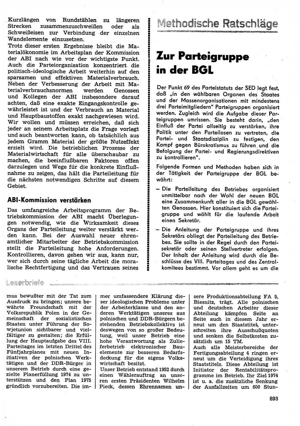 Neuer Weg (NW), Organ des Zentralkomitees (ZK) der SED (Sozialistische Einheitspartei Deutschlands) für Fragen des Parteilebens, 29. Jahrgang [Deutsche Demokratische Republik (DDR)] 1974, Seite 893 (NW ZK SED DDR 1974, S. 893)