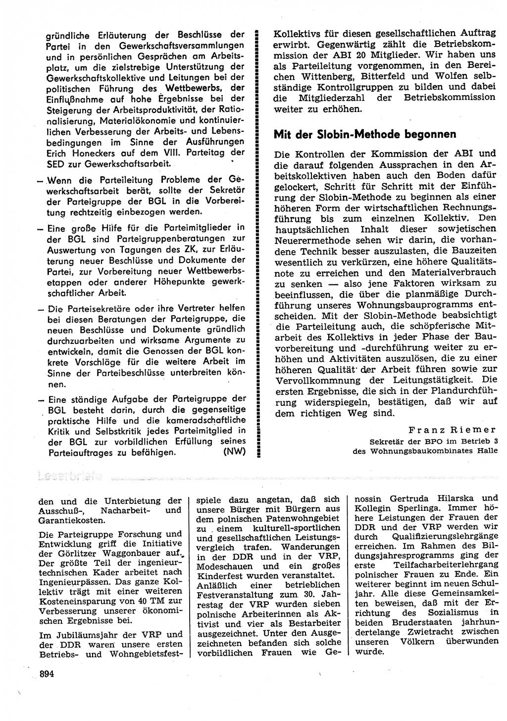 Neuer Weg (NW), Organ des Zentralkomitees (ZK) der SED (Sozialistische Einheitspartei Deutschlands) für Fragen des Parteilebens, 29. Jahrgang [Deutsche Demokratische Republik (DDR)] 1974, Seite 894 (NW ZK SED DDR 1974, S. 894)