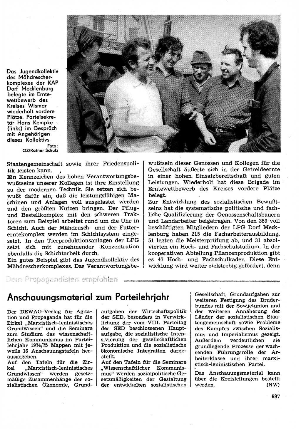 Neuer Weg (NW), Organ des Zentralkomitees (ZK) der SED (Sozialistische Einheitspartei Deutschlands) für Fragen des Parteilebens, 29. Jahrgang [Deutsche Demokratische Republik (DDR)] 1974, Seite 897 (NW ZK SED DDR 1974, S. 897)