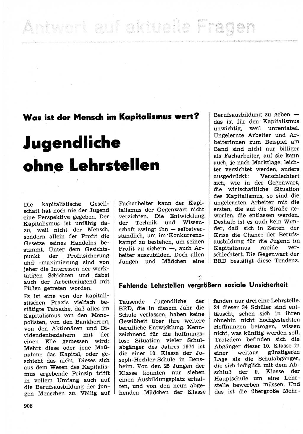 Neuer Weg (NW), Organ des Zentralkomitees (ZK) der SED (Sozialistische Einheitspartei Deutschlands) für Fragen des Parteilebens, 29. Jahrgang [Deutsche Demokratische Republik (DDR)] 1974, Seite 906 (NW ZK SED DDR 1974, S. 906)