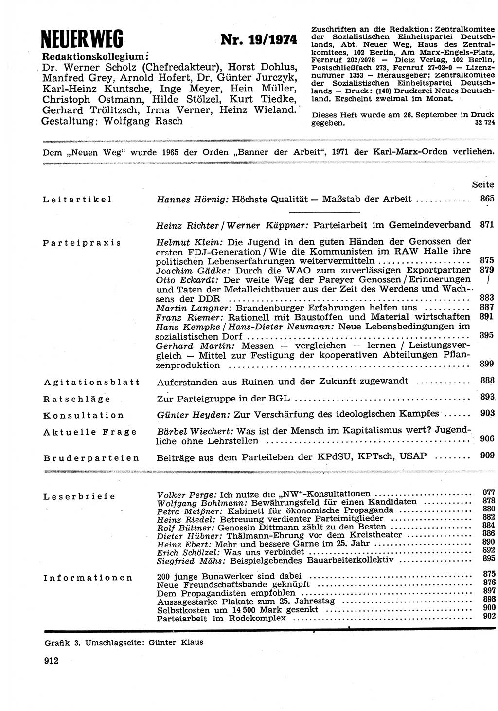 Neuer Weg (NW), Organ des Zentralkomitees (ZK) der SED (Sozialistische Einheitspartei Deutschlands) für Fragen des Parteilebens, 29. Jahrgang [Deutsche Demokratische Republik (DDR)] 1974, Seite 912 (NW ZK SED DDR 1974, S. 912)