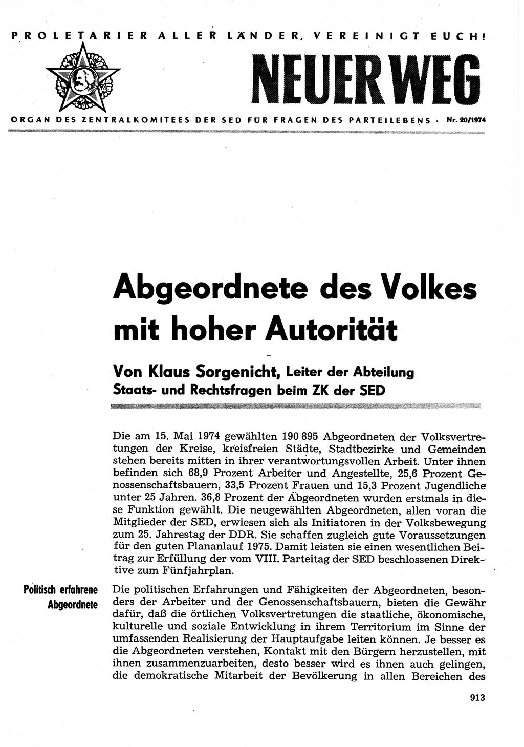 Neuer Weg (NW), Organ des Zentralkomitees (ZK) der SED (Sozialistische Einheitspartei Deutschlands) für Fragen des Parteilebens, 29. Jahrgang [Deutsche Demokratische Republik (DDR)] 1974, Seite 913 (NW ZK SED DDR 1974, S. 913)