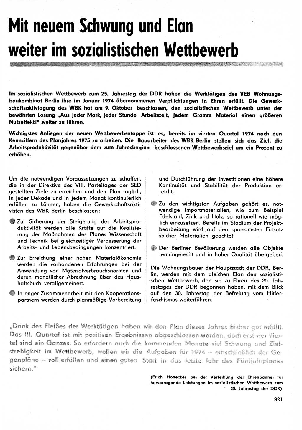 Neuer Weg (NW), Organ des Zentralkomitees (ZK) der SED (Sozialistische Einheitspartei Deutschlands) für Fragen des Parteilebens, 29. Jahrgang [Deutsche Demokratische Republik (DDR)] 1974, Seite 921 (NW ZK SED DDR 1974, S. 921)