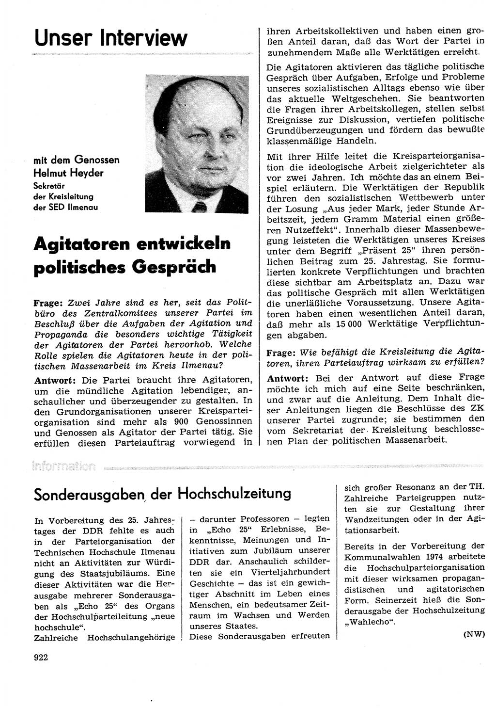 Neuer Weg (NW), Organ des Zentralkomitees (ZK) der SED (Sozialistische Einheitspartei Deutschlands) für Fragen des Parteilebens, 29. Jahrgang [Deutsche Demokratische Republik (DDR)] 1974, Seite 922 (NW ZK SED DDR 1974, S. 922)