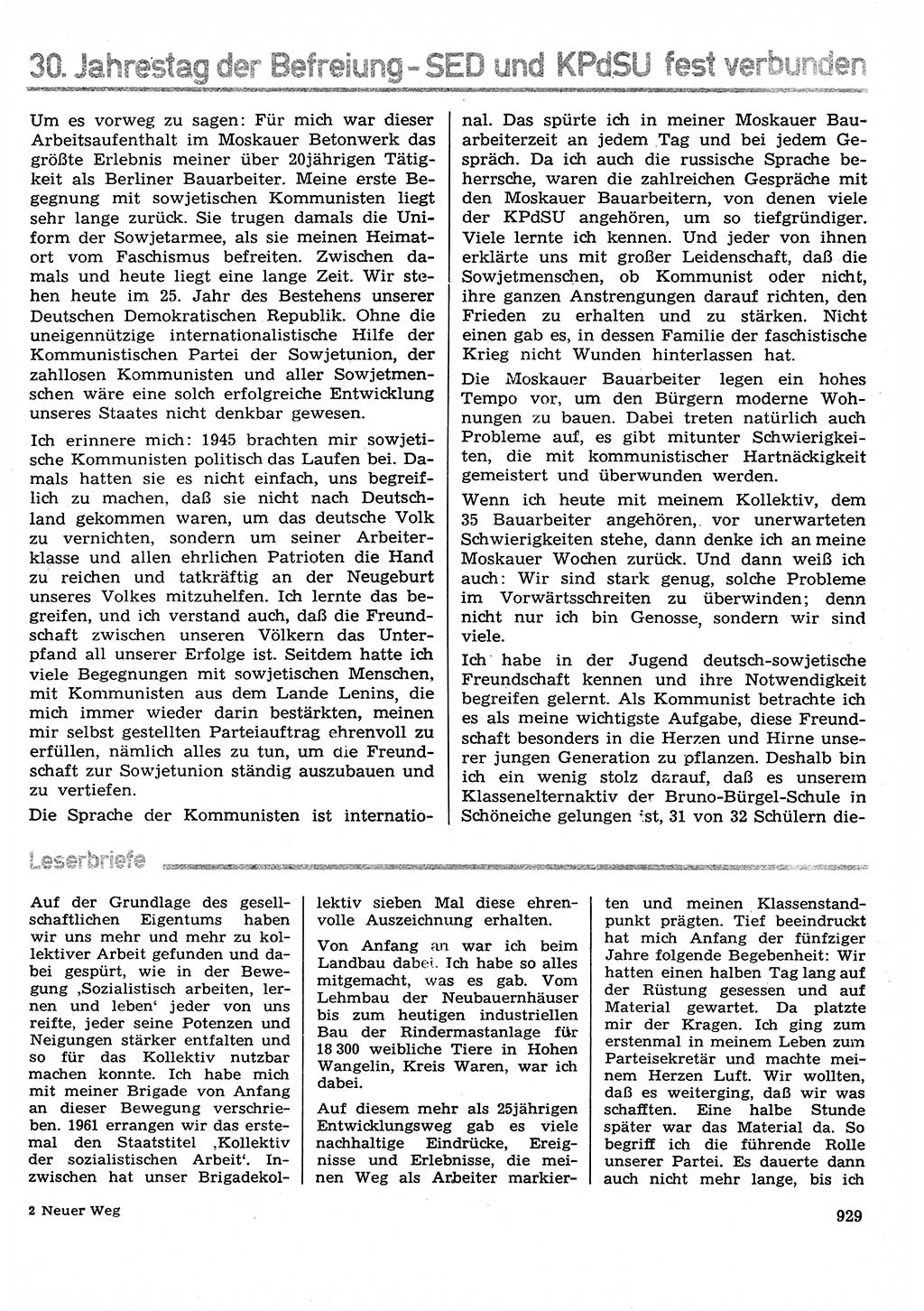 Neuer Weg (NW), Organ des Zentralkomitees (ZK) der SED (Sozialistische Einheitspartei Deutschlands) für Fragen des Parteilebens, 29. Jahrgang [Deutsche Demokratische Republik (DDR)] 1974, Seite 929 (NW ZK SED DDR 1974, S. 929)