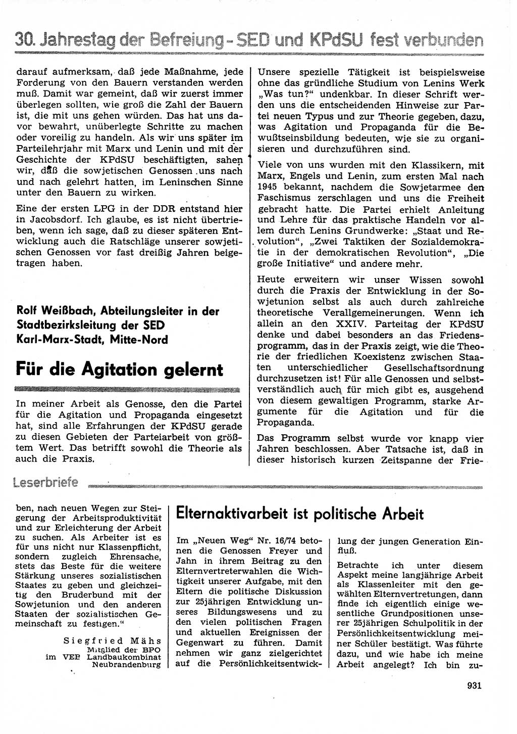 Neuer Weg (NW), Organ des Zentralkomitees (ZK) der SED (Sozialistische Einheitspartei Deutschlands) für Fragen des Parteilebens, 29. Jahrgang [Deutsche Demokratische Republik (DDR)] 1974, Seite 931 (NW ZK SED DDR 1974, S. 931)