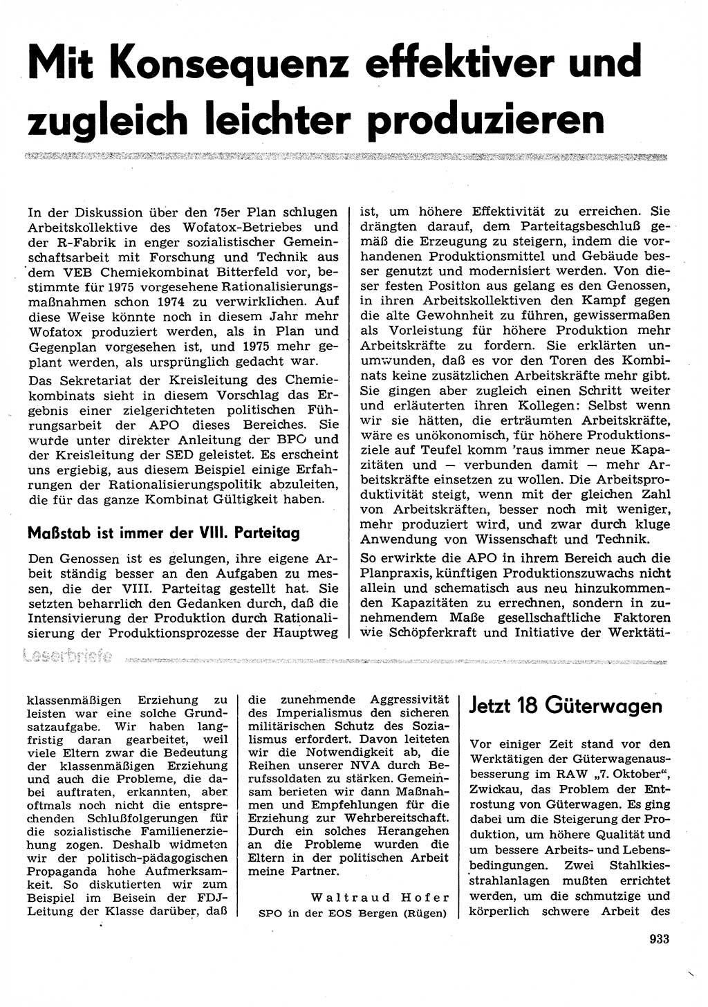 Neuer Weg (NW), Organ des Zentralkomitees (ZK) der SED (Sozialistische Einheitspartei Deutschlands) für Fragen des Parteilebens, 29. Jahrgang [Deutsche Demokratische Republik (DDR)] 1974, Seite 933 (NW ZK SED DDR 1974, S. 933)