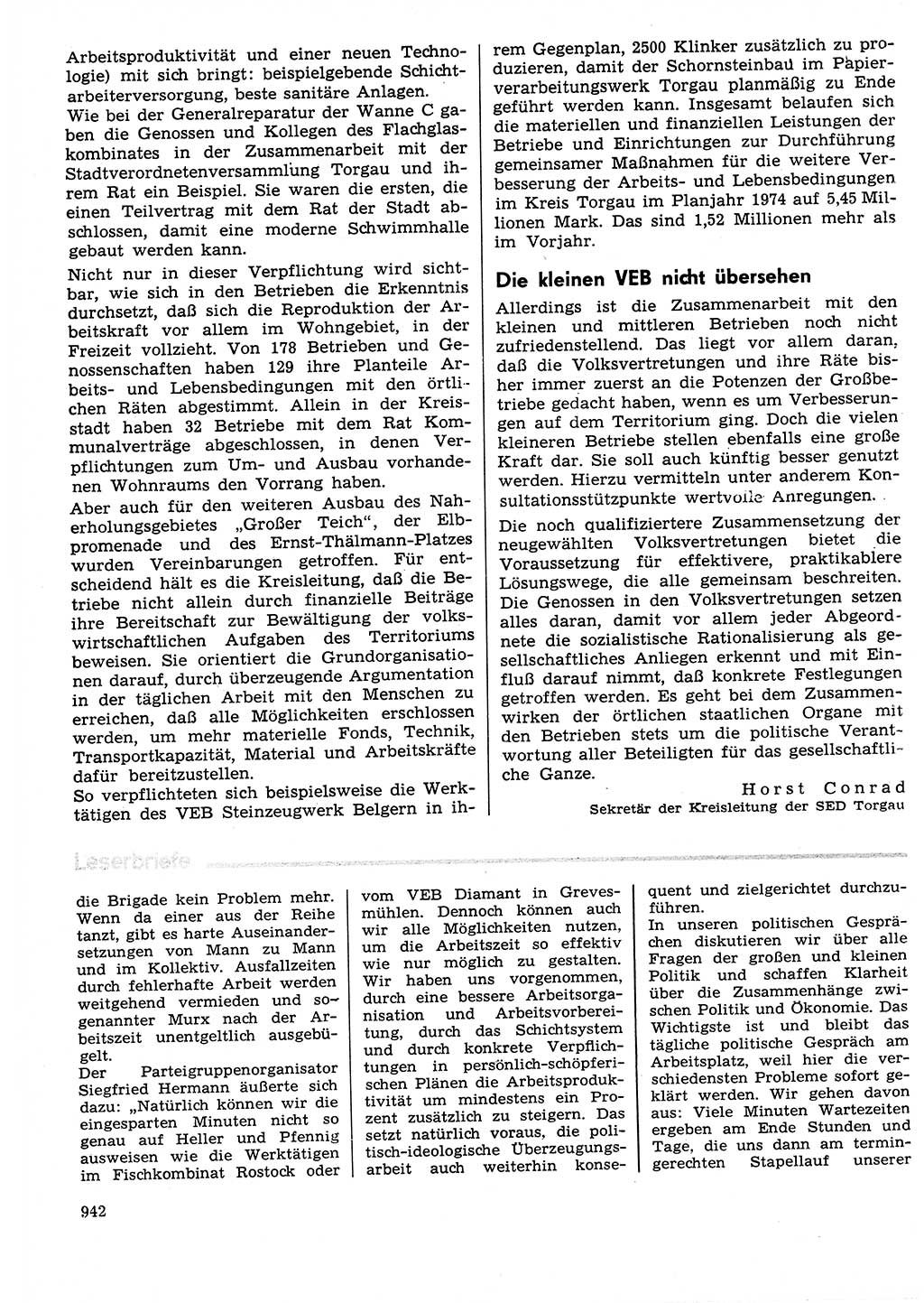 Neuer Weg (NW), Organ des Zentralkomitees (ZK) der SED (Sozialistische Einheitspartei Deutschlands) für Fragen des Parteilebens, 29. Jahrgang [Deutsche Demokratische Republik (DDR)] 1974, Seite 942 (NW ZK SED DDR 1974, S. 942)