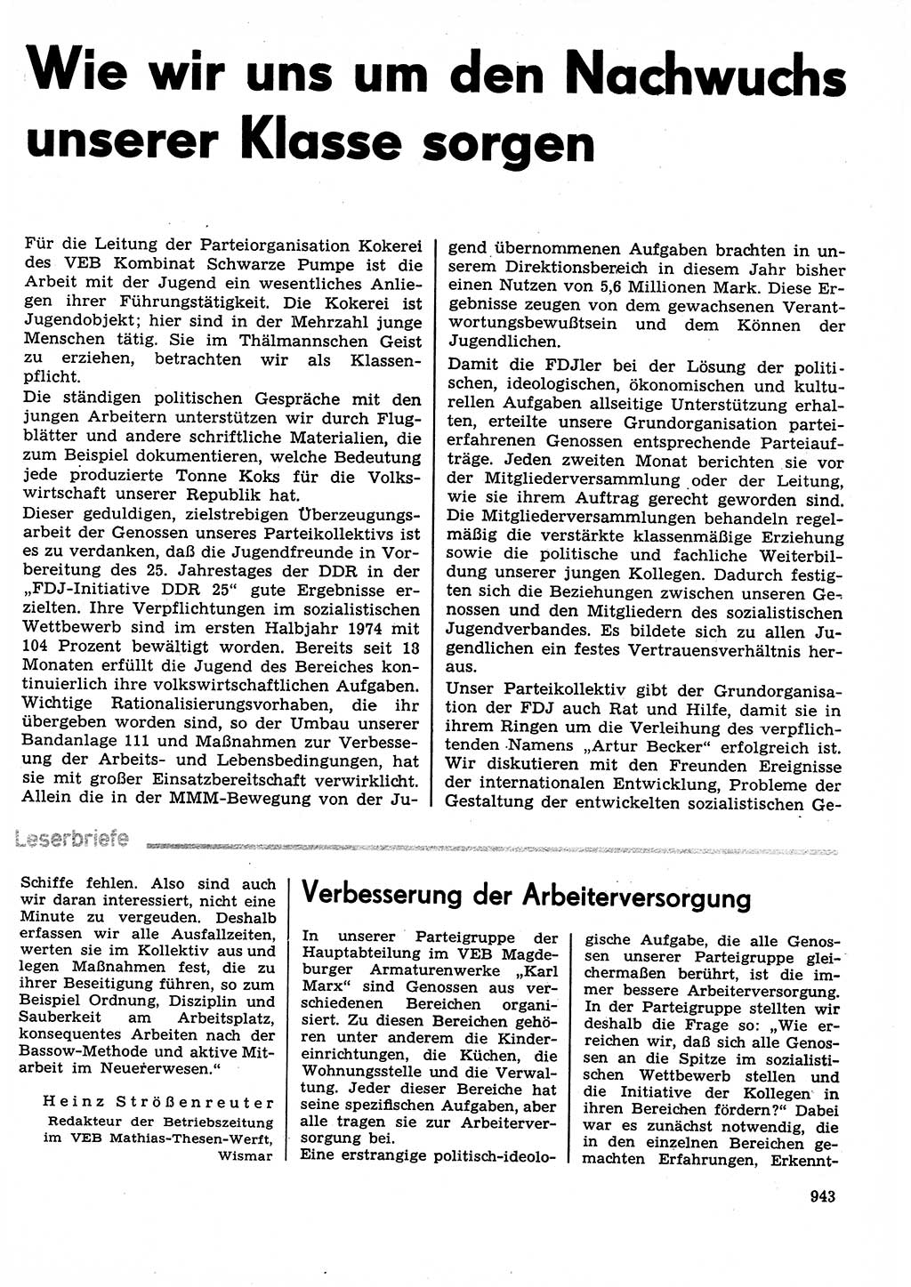 Neuer Weg (NW), Organ des Zentralkomitees (ZK) der SED (Sozialistische Einheitspartei Deutschlands) für Fragen des Parteilebens, 29. Jahrgang [Deutsche Demokratische Republik (DDR)] 1974, Seite 943 (NW ZK SED DDR 1974, S. 943)