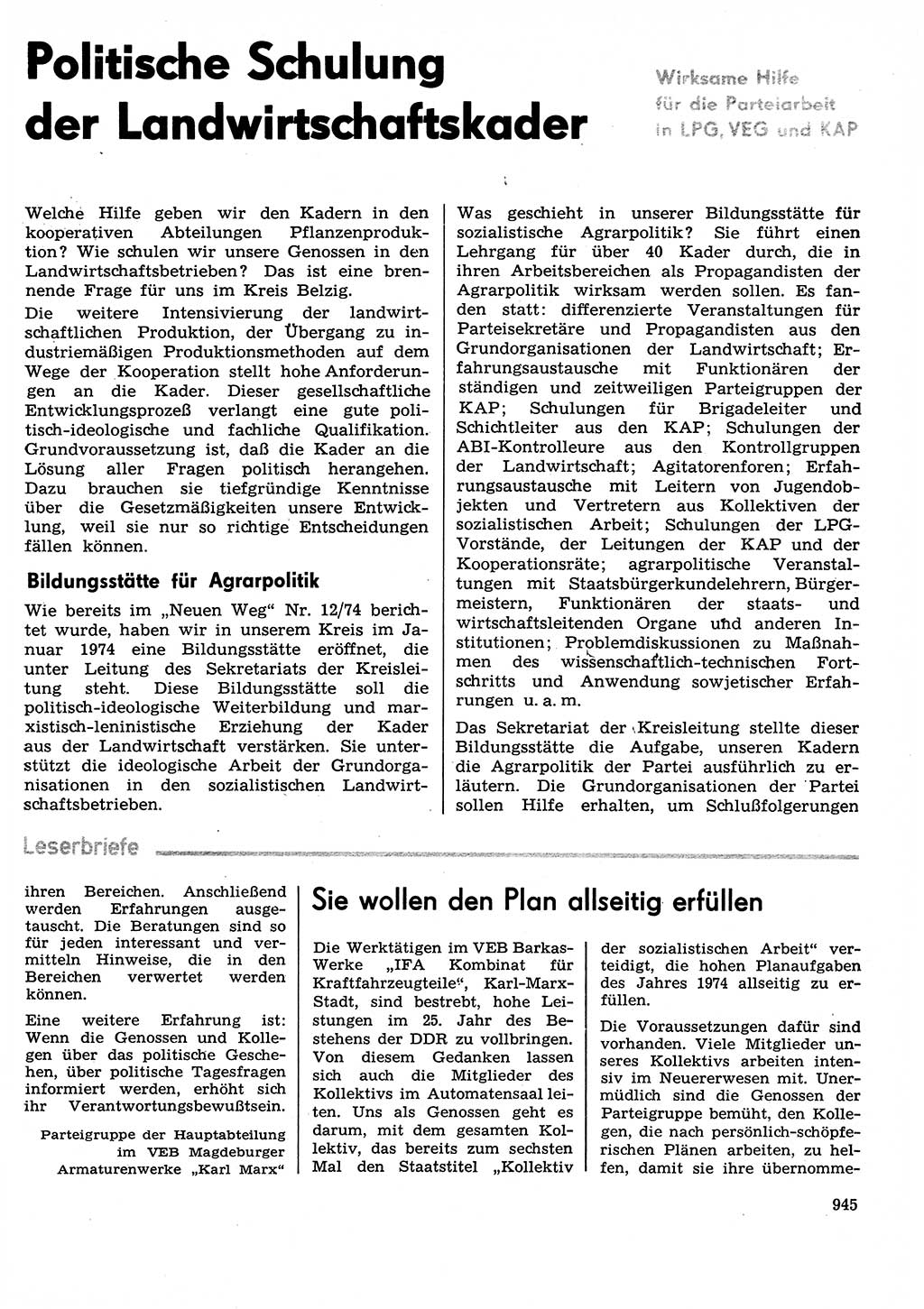 Neuer Weg (NW), Organ des Zentralkomitees (ZK) der SED (Sozialistische Einheitspartei Deutschlands) für Fragen des Parteilebens, 29. Jahrgang [Deutsche Demokratische Republik (DDR)] 1974, Seite 945 (NW ZK SED DDR 1974, S. 945)