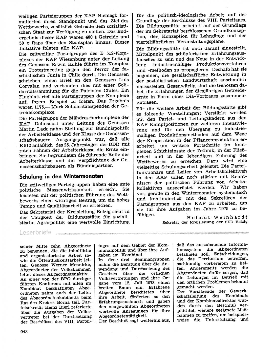 Neuer Weg (NW), Organ des Zentralkomitees (ZK) der SED (Sozialistische Einheitspartei Deutschlands) für Fragen des Parteilebens, 29. Jahrgang [Deutsche Demokratische Republik (DDR)] 1974, Seite 948 (NW ZK SED DDR 1974, S. 948)