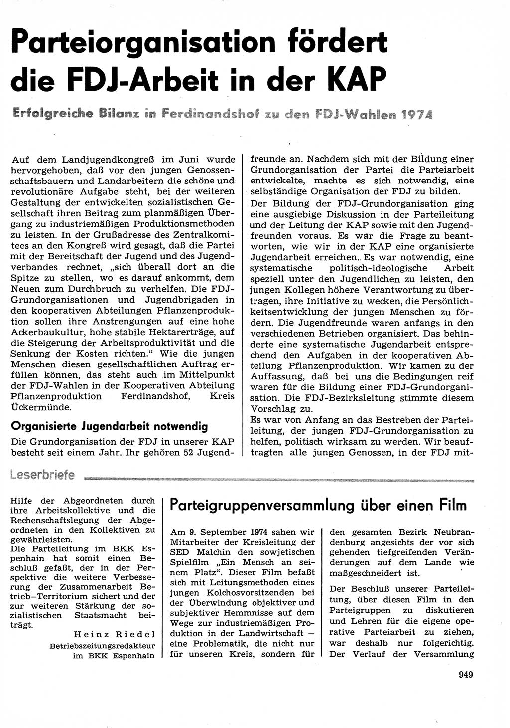 Neuer Weg (NW), Organ des Zentralkomitees (ZK) der SED (Sozialistische Einheitspartei Deutschlands) für Fragen des Parteilebens, 29. Jahrgang [Deutsche Demokratische Republik (DDR)] 1974, Seite 949 (NW ZK SED DDR 1974, S. 949)