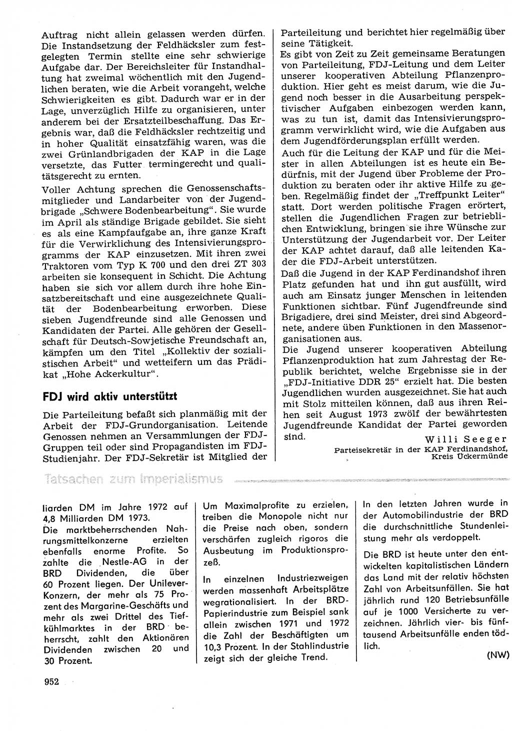 Neuer Weg (NW), Organ des Zentralkomitees (ZK) der SED (Sozialistische Einheitspartei Deutschlands) für Fragen des Parteilebens, 29. Jahrgang [Deutsche Demokratische Republik (DDR)] 1974, Seite 952 (NW ZK SED DDR 1974, S. 952)
