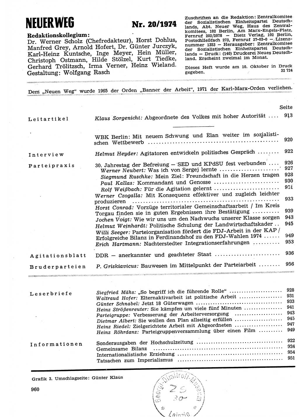 Neuer Weg (NW), Organ des Zentralkomitees (ZK) der SED (Sozialistische Einheitspartei Deutschlands) für Fragen des Parteilebens, 29. Jahrgang [Deutsche Demokratische Republik (DDR)] 1974, Seite 960 (NW ZK SED DDR 1974, S. 960)