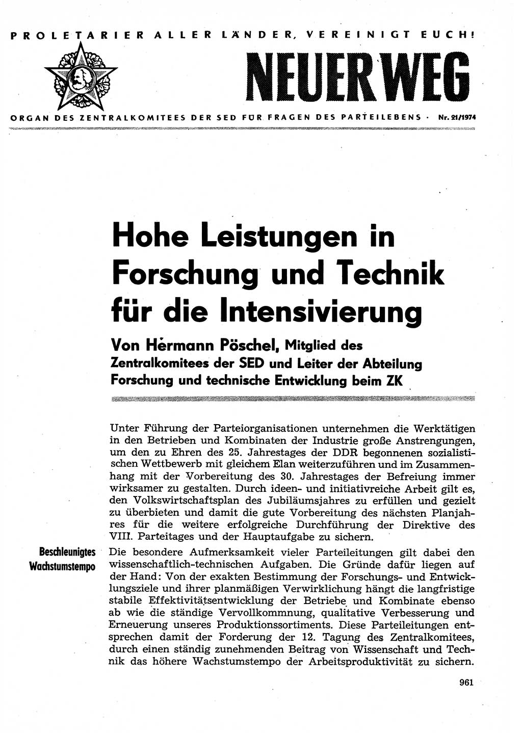 Neuer Weg (NW), Organ des Zentralkomitees (ZK) der SED (Sozialistische Einheitspartei Deutschlands) für Fragen des Parteilebens, 29. Jahrgang [Deutsche Demokratische Republik (DDR)] 1974, Seite 961 (NW ZK SED DDR 1974, S. 961)