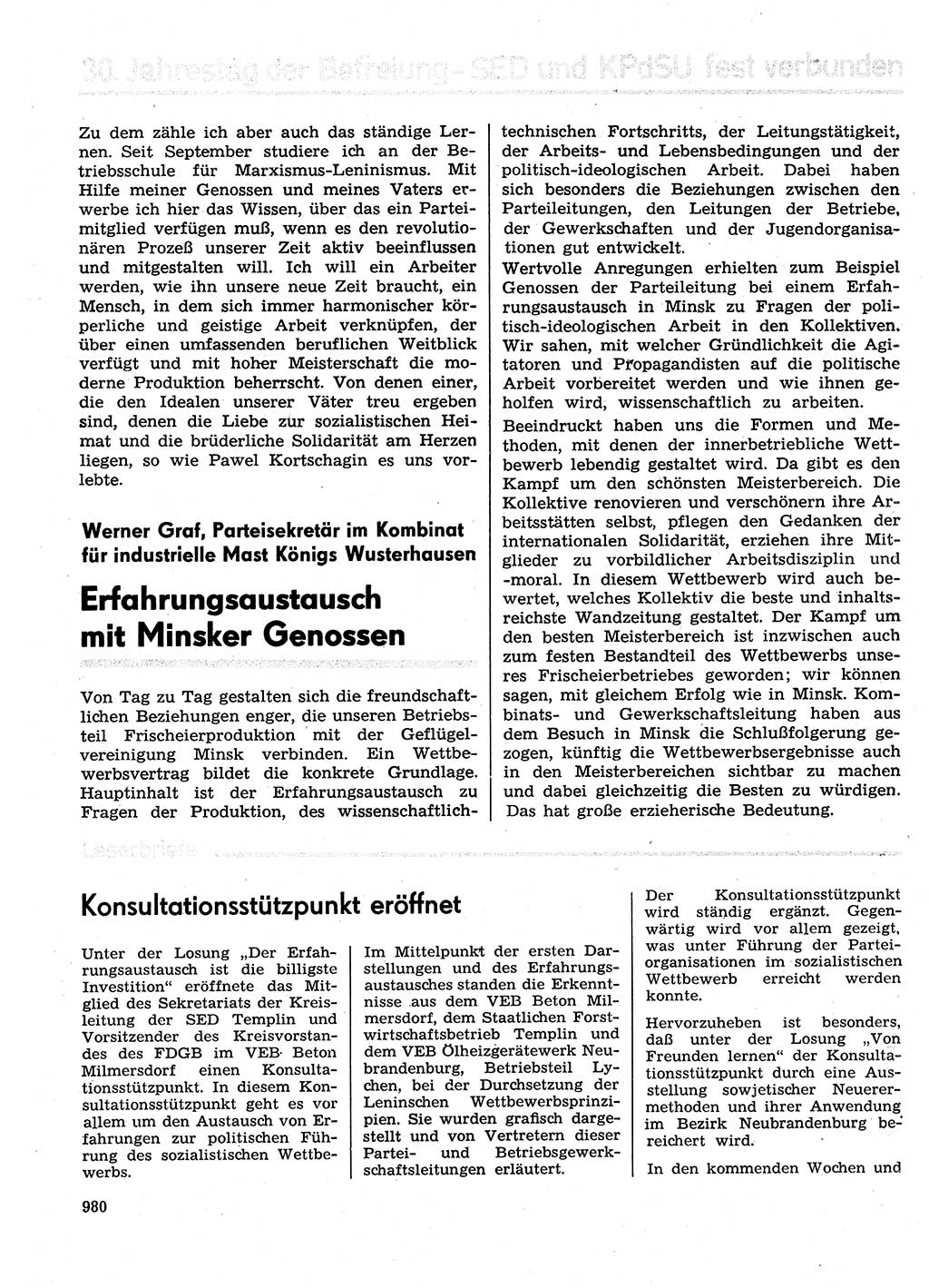 Neuer Weg (NW), Organ des Zentralkomitees (ZK) der SED (Sozialistische Einheitspartei Deutschlands) für Fragen des Parteilebens, 29. Jahrgang [Deutsche Demokratische Republik (DDR)] 1974, Seite 980 (NW ZK SED DDR 1974, S. 980)