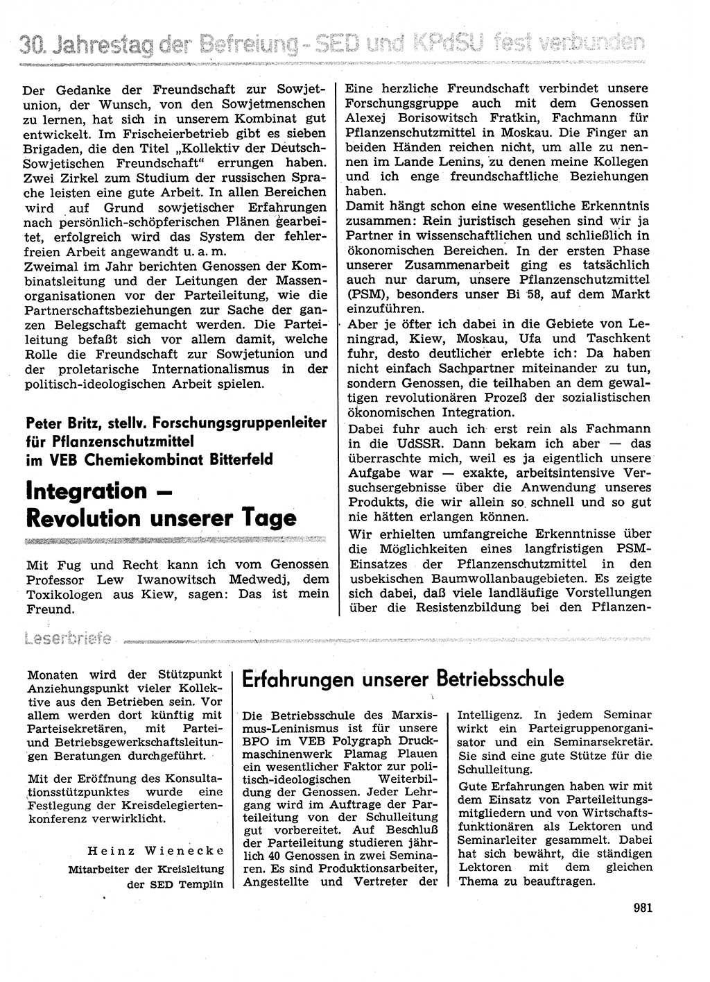 Neuer Weg (NW), Organ des Zentralkomitees (ZK) der SED (Sozialistische Einheitspartei Deutschlands) für Fragen des Parteilebens, 29. Jahrgang [Deutsche Demokratische Republik (DDR)] 1974, Seite 981 (NW ZK SED DDR 1974, S. 981)