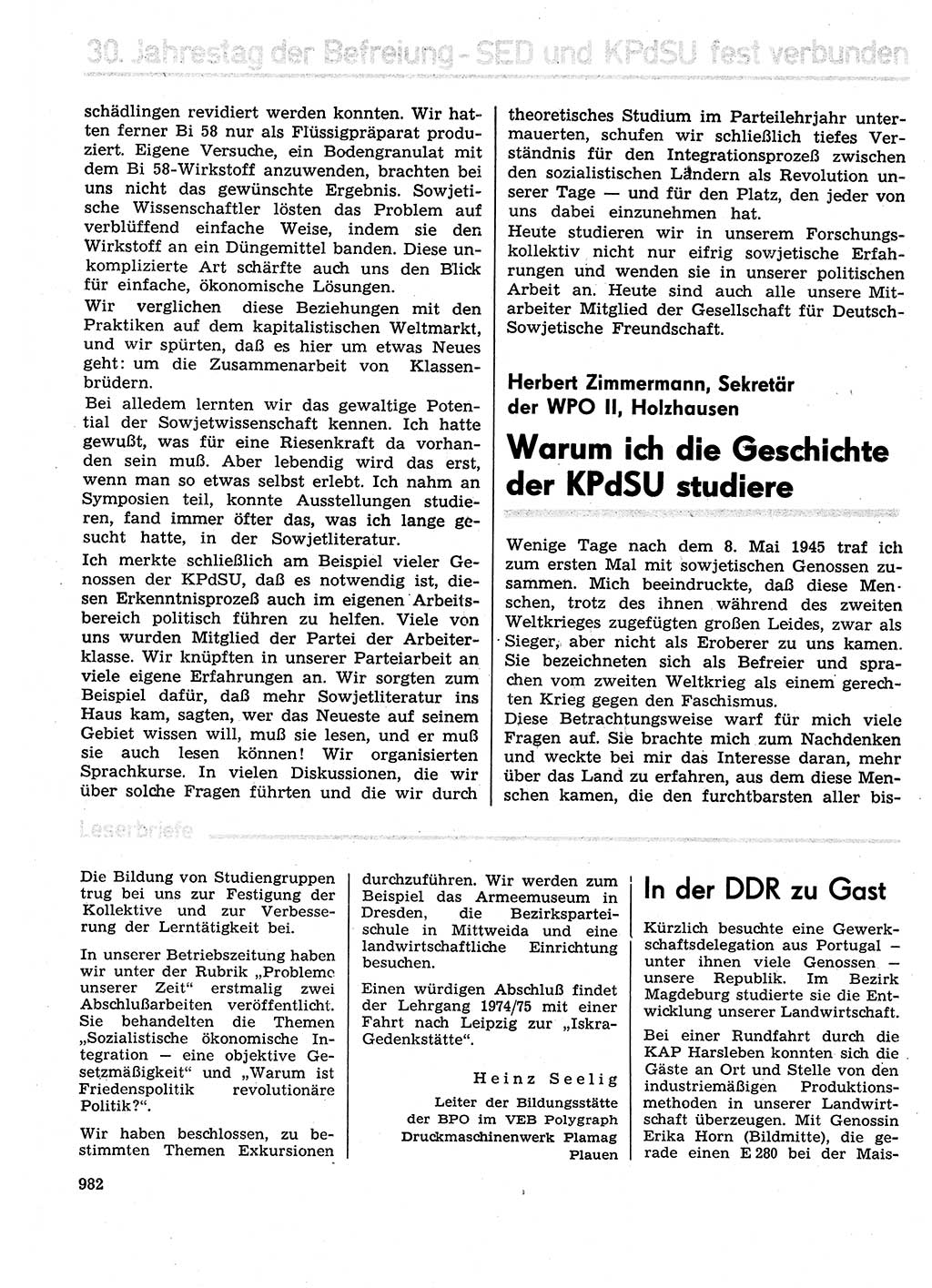 Neuer Weg (NW), Organ des Zentralkomitees (ZK) der SED (Sozialistische Einheitspartei Deutschlands) für Fragen des Parteilebens, 29. Jahrgang [Deutsche Demokratische Republik (DDR)] 1974, Seite 982 (NW ZK SED DDR 1974, S. 982)