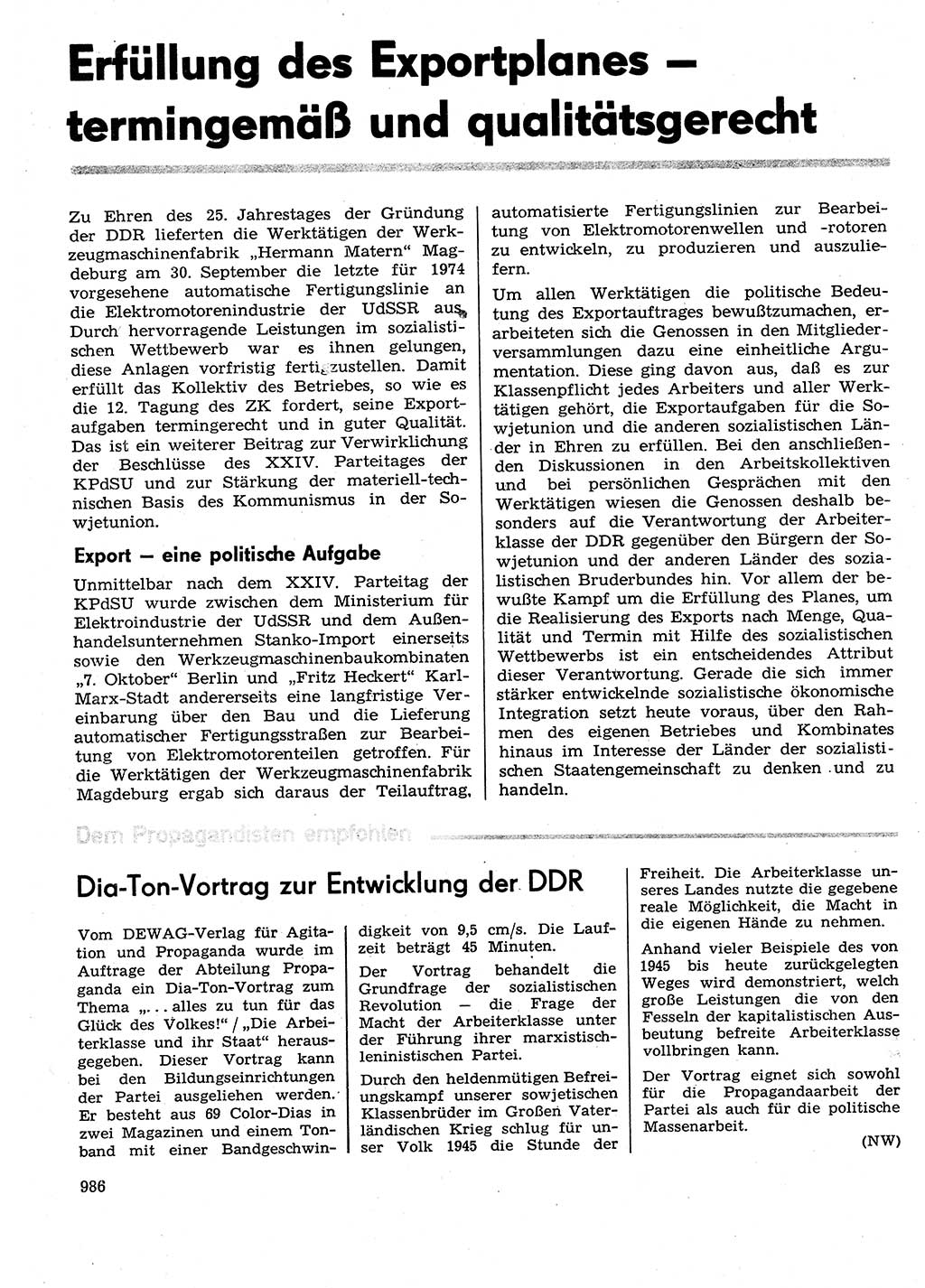 Neuer Weg (NW), Organ des Zentralkomitees (ZK) der SED (Sozialistische Einheitspartei Deutschlands) für Fragen des Parteilebens, 29. Jahrgang [Deutsche Demokratische Republik (DDR)] 1974, Seite 986 (NW ZK SED DDR 1974, S. 986)