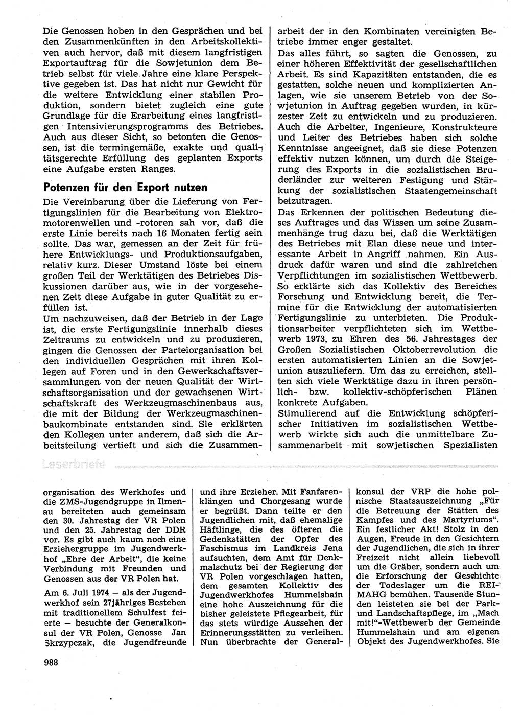 Neuer Weg (NW), Organ des Zentralkomitees (ZK) der SED (Sozialistische Einheitspartei Deutschlands) für Fragen des Parteilebens, 29. Jahrgang [Deutsche Demokratische Republik (DDR)] 1974, Seite 988 (NW ZK SED DDR 1974, S. 988)