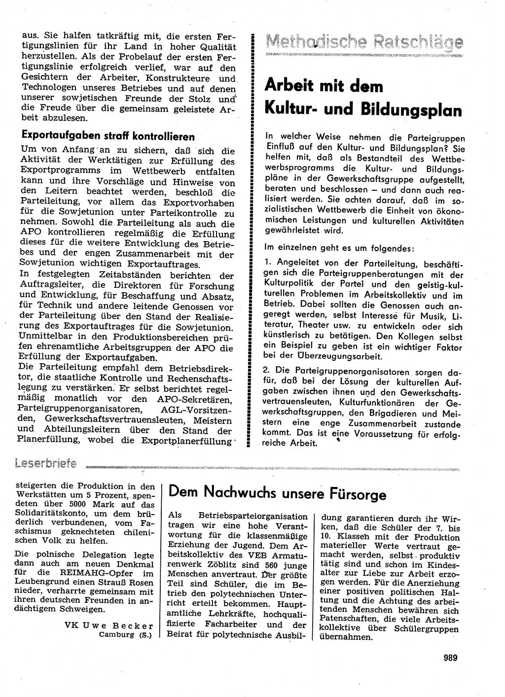 Neuer Weg (NW), Organ des Zentralkomitees (ZK) der SED (Sozialistische Einheitspartei Deutschlands) für Fragen des Parteilebens, 29. Jahrgang [Deutsche Demokratische Republik (DDR)] 1974, Seite 989 (NW ZK SED DDR 1974, S. 989)