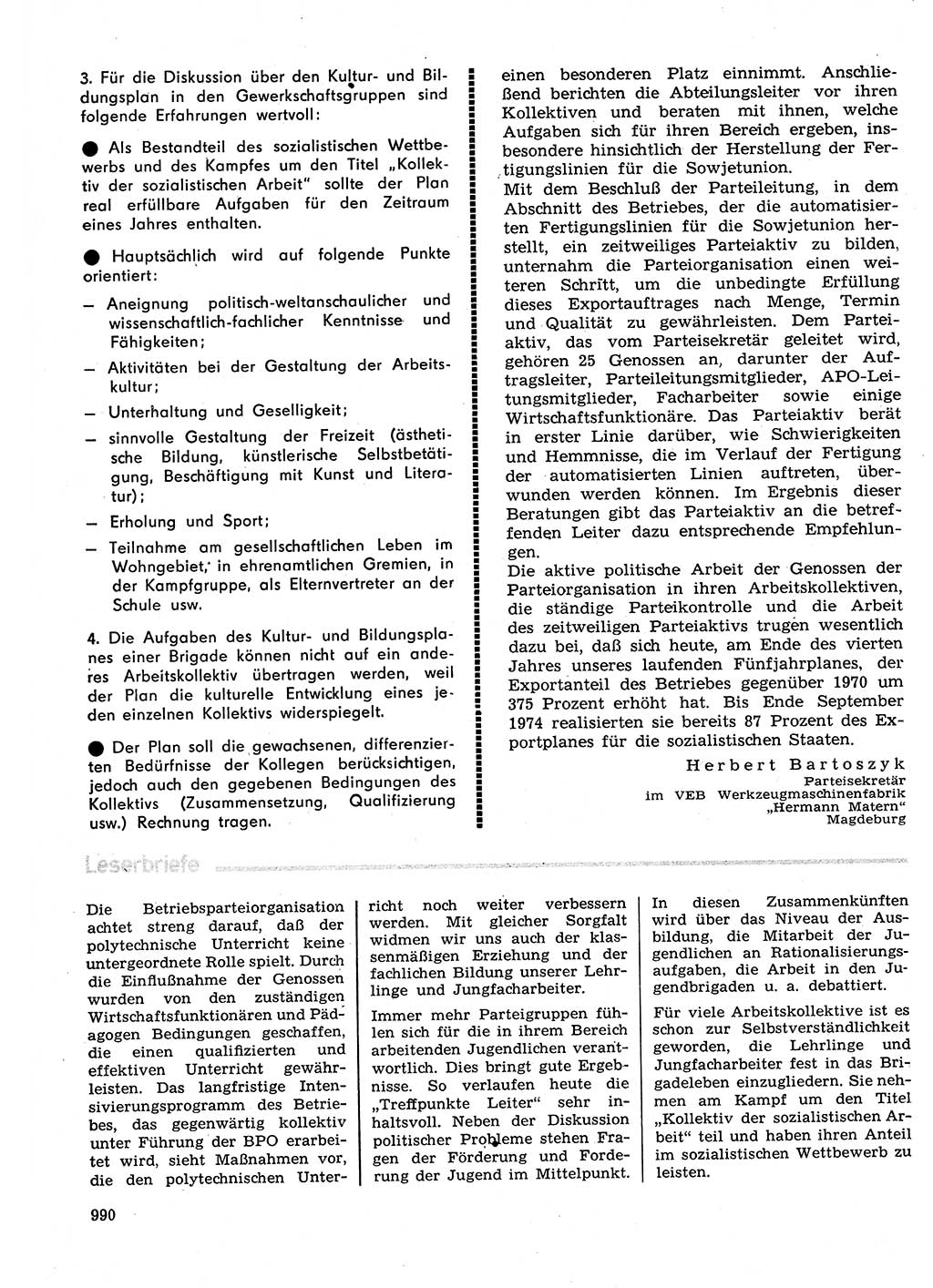 Neuer Weg (NW), Organ des Zentralkomitees (ZK) der SED (Sozialistische Einheitspartei Deutschlands) für Fragen des Parteilebens, 29. Jahrgang [Deutsche Demokratische Republik (DDR)] 1974, Seite 990 (NW ZK SED DDR 1974, S. 990)