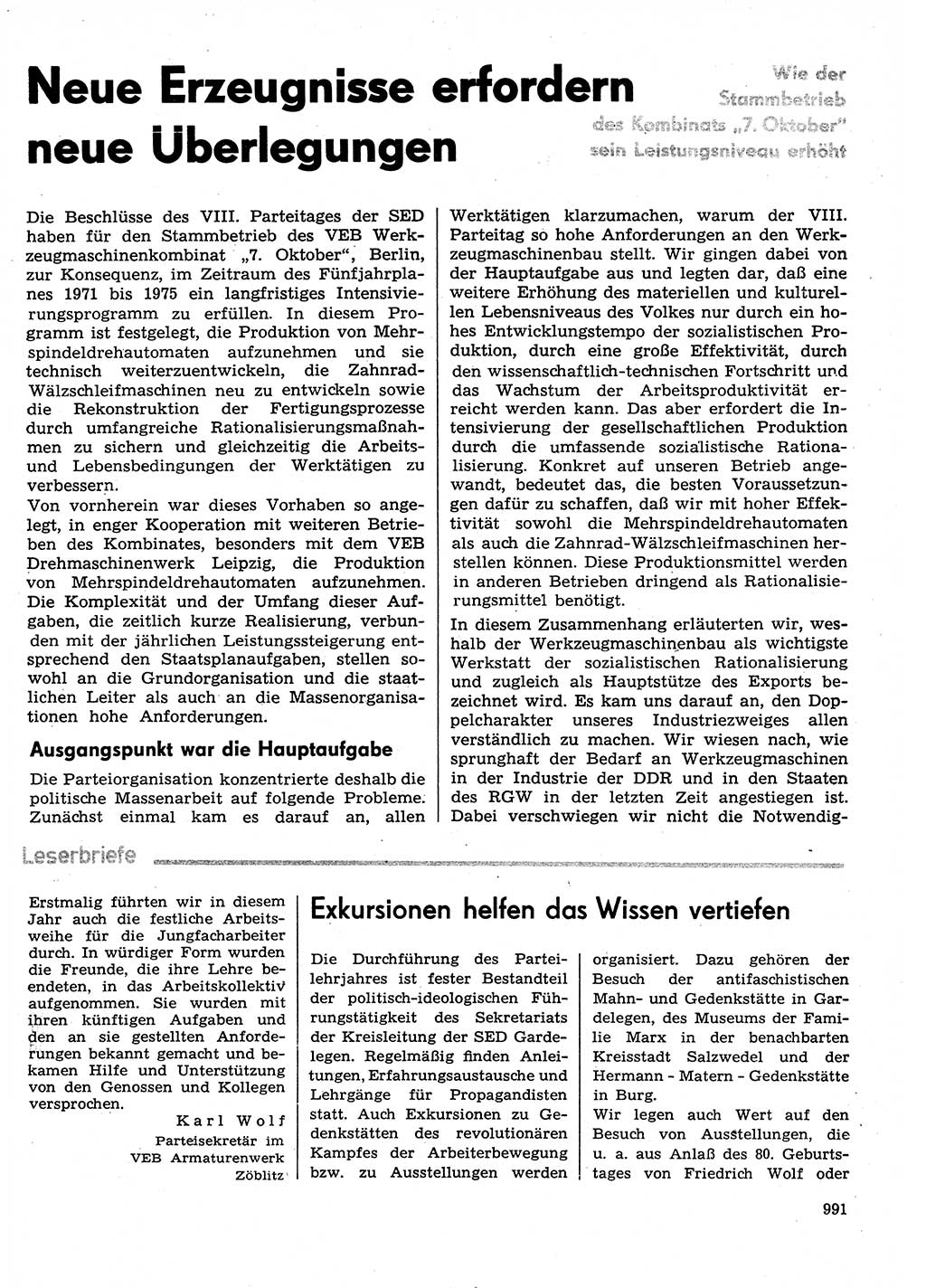 Neuer Weg (NW), Organ des Zentralkomitees (ZK) der SED (Sozialistische Einheitspartei Deutschlands) für Fragen des Parteilebens, 29. Jahrgang [Deutsche Demokratische Republik (DDR)] 1974, Seite 991 (NW ZK SED DDR 1974, S. 991)