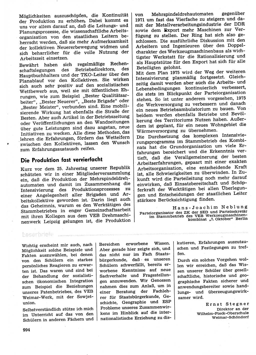 Neuer Weg (NW), Organ des Zentralkomitees (ZK) der SED (Sozialistische Einheitspartei Deutschlands) für Fragen des Parteilebens, 29. Jahrgang [Deutsche Demokratische Republik (DDR)] 1974, Seite 994 (NW ZK SED DDR 1974, S. 994)
