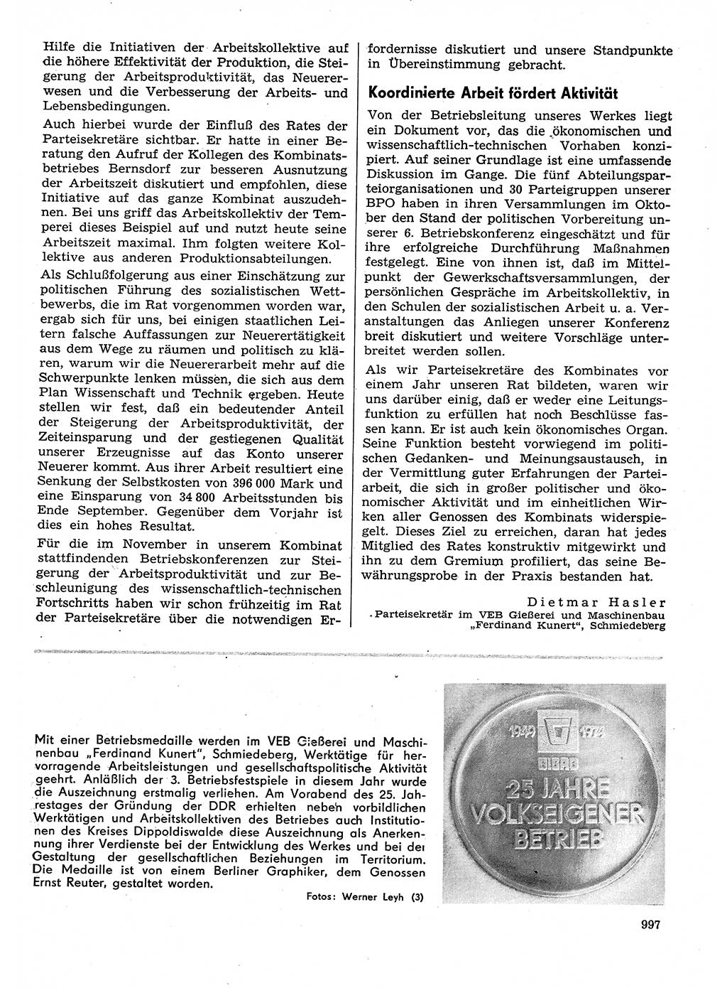 Neuer Weg (NW), Organ des Zentralkomitees (ZK) der SED (Sozialistische Einheitspartei Deutschlands) für Fragen des Parteilebens, 29. Jahrgang [Deutsche Demokratische Republik (DDR)] 1974, Seite 997 (NW ZK SED DDR 1974, S. 997)