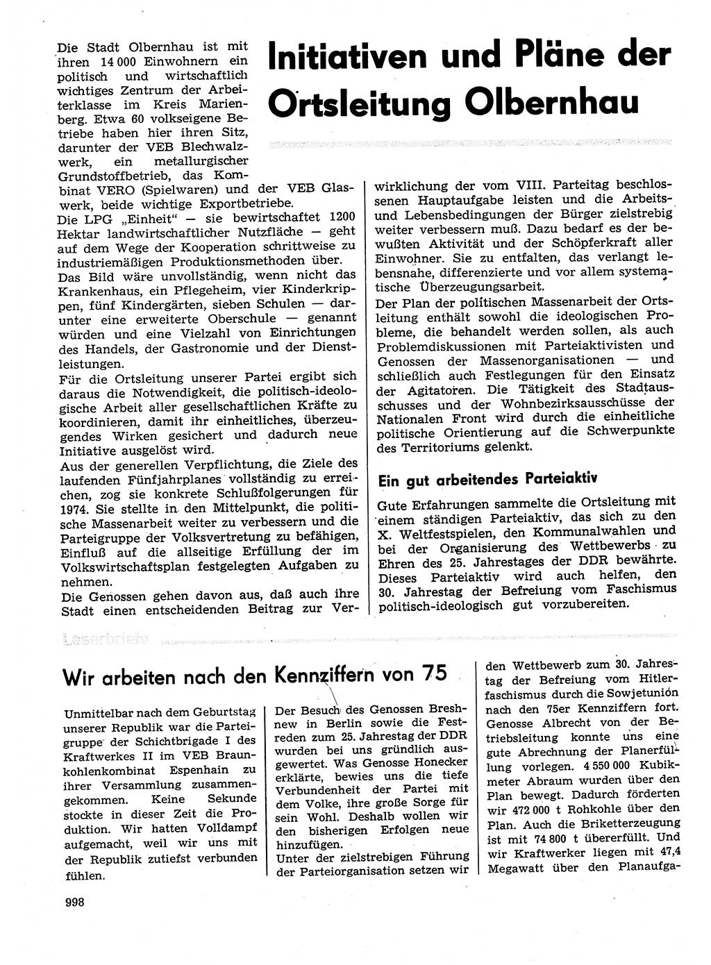 Neuer Weg (NW), Organ des Zentralkomitees (ZK) der SED (Sozialistische Einheitspartei Deutschlands) für Fragen des Parteilebens, 29. Jahrgang [Deutsche Demokratische Republik (DDR)] 1974, Seite 998 (NW ZK SED DDR 1974, S. 998)