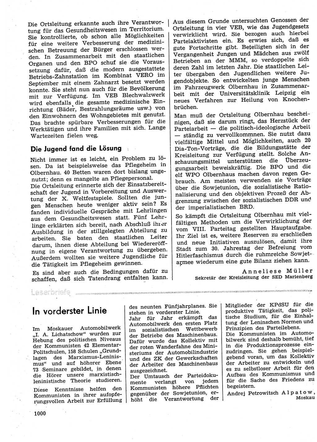 Neuer Weg (NW), Organ des Zentralkomitees (ZK) der SED (Sozialistische Einheitspartei Deutschlands) für Fragen des Parteilebens, 29. Jahrgang [Deutsche Demokratische Republik (DDR)] 1974, Seite 1000 (NW ZK SED DDR 1974, S. 1000)