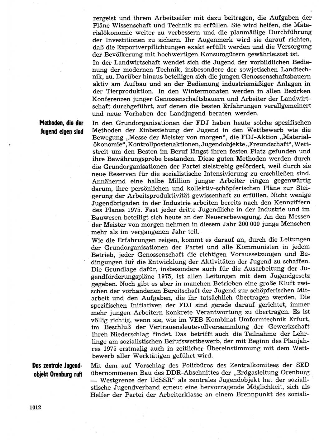Neuer Weg (NW), Organ des Zentralkomitees (ZK) der SED (Sozialistische Einheitspartei Deutschlands) für Fragen des Parteilebens, 29. Jahrgang [Deutsche Demokratische Republik (DDR)] 1974, Seite 1012 (NW ZK SED DDR 1974, S. 1012)
