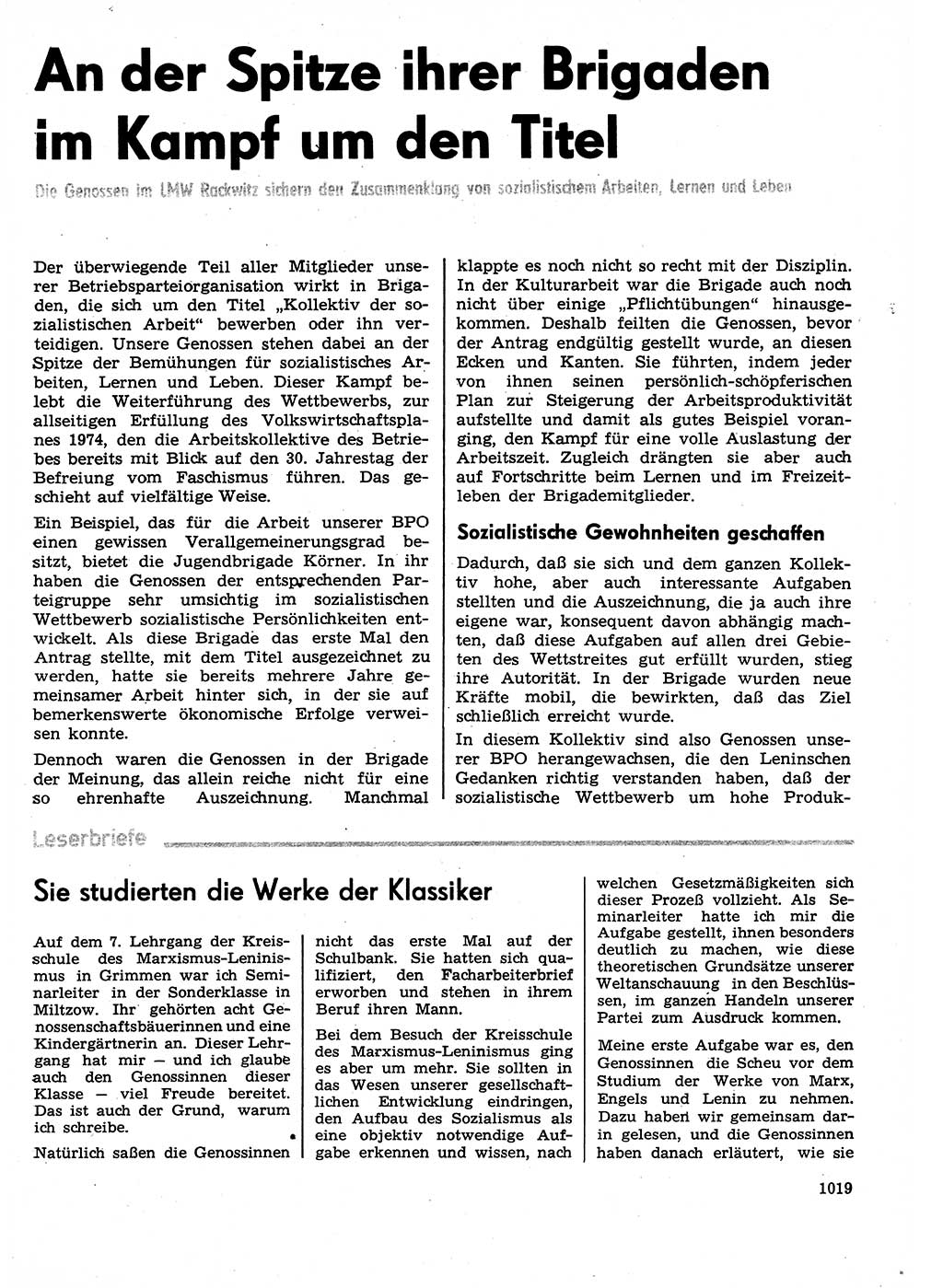 Neuer Weg (NW), Organ des Zentralkomitees (ZK) der SED (Sozialistische Einheitspartei Deutschlands) für Fragen des Parteilebens, 29. Jahrgang [Deutsche Demokratische Republik (DDR)] 1974, Seite 1019 (NW ZK SED DDR 1974, S. 1019)