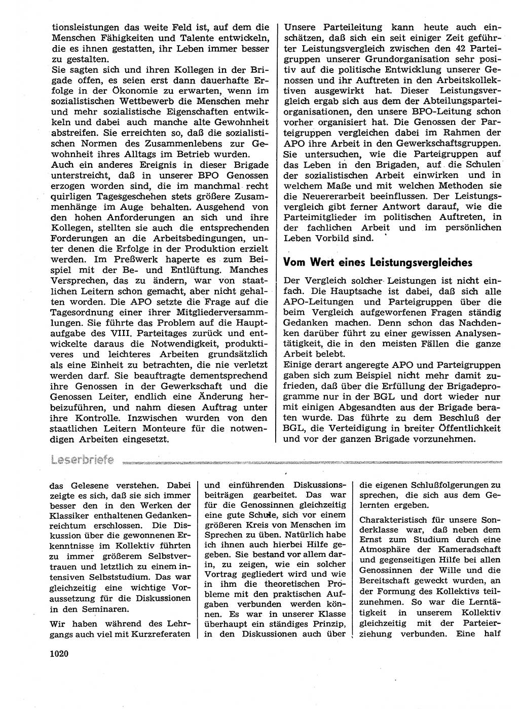 Neuer Weg (NW), Organ des Zentralkomitees (ZK) der SED (Sozialistische Einheitspartei Deutschlands) für Fragen des Parteilebens, 29. Jahrgang [Deutsche Demokratische Republik (DDR)] 1974, Seite 1020 (NW ZK SED DDR 1974, S. 1020)