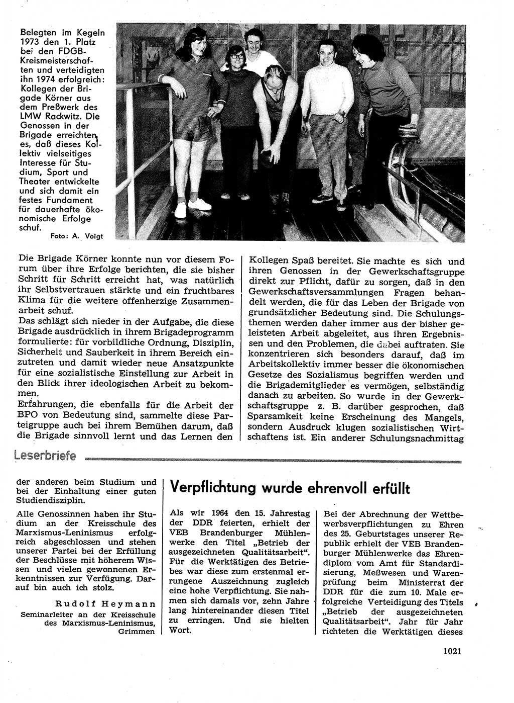 Neuer Weg (NW), Organ des Zentralkomitees (ZK) der SED (Sozialistische Einheitspartei Deutschlands) für Fragen des Parteilebens, 29. Jahrgang [Deutsche Demokratische Republik (DDR)] 1974, Seite 1021 (NW ZK SED DDR 1974, S. 1021)
