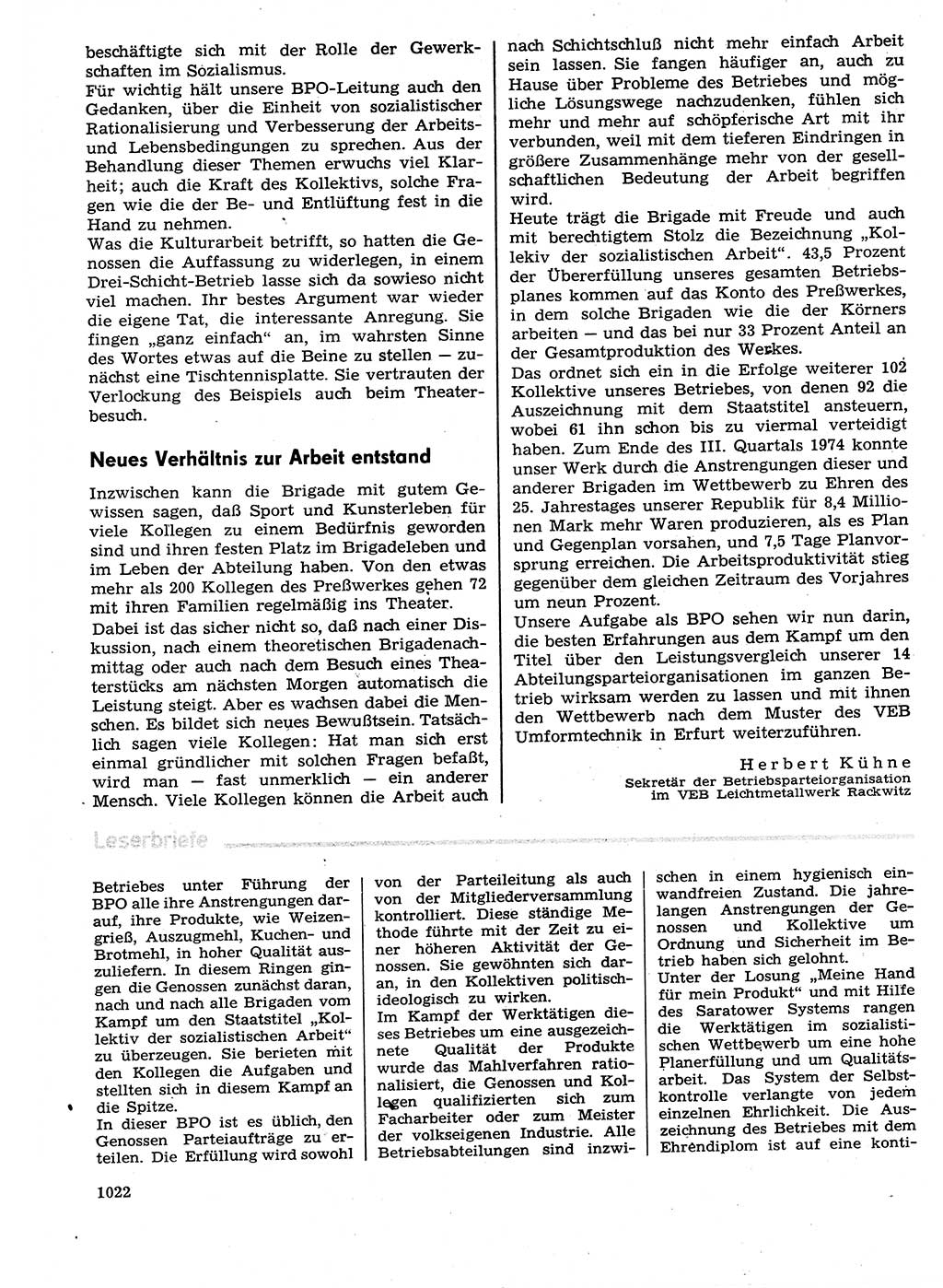 Neuer Weg (NW), Organ des Zentralkomitees (ZK) der SED (Sozialistische Einheitspartei Deutschlands) für Fragen des Parteilebens, 29. Jahrgang [Deutsche Demokratische Republik (DDR)] 1974, Seite 1022 (NW ZK SED DDR 1974, S. 1022)