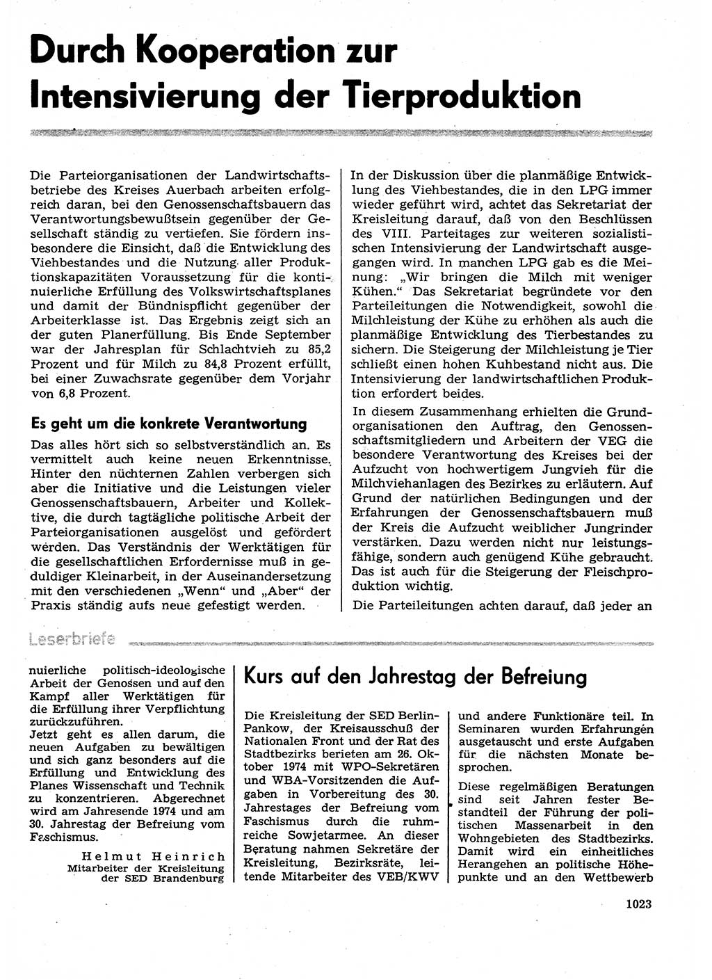 Neuer Weg (NW), Organ des Zentralkomitees (ZK) der SED (Sozialistische Einheitspartei Deutschlands) für Fragen des Parteilebens, 29. Jahrgang [Deutsche Demokratische Republik (DDR)] 1974, Seite 1023 (NW ZK SED DDR 1974, S. 1023)