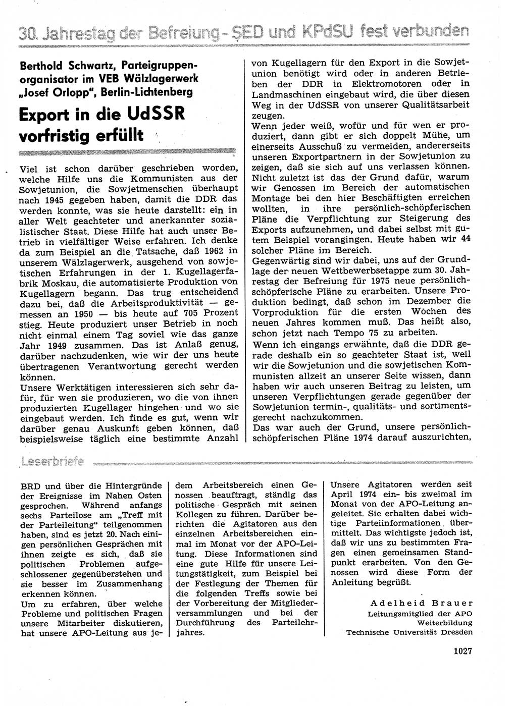 Neuer Weg (NW), Organ des Zentralkomitees (ZK) der SED (Sozialistische Einheitspartei Deutschlands) für Fragen des Parteilebens, 29. Jahrgang [Deutsche Demokratische Republik (DDR)] 1974, Seite 1027 (NW ZK SED DDR 1974, S. 1027)