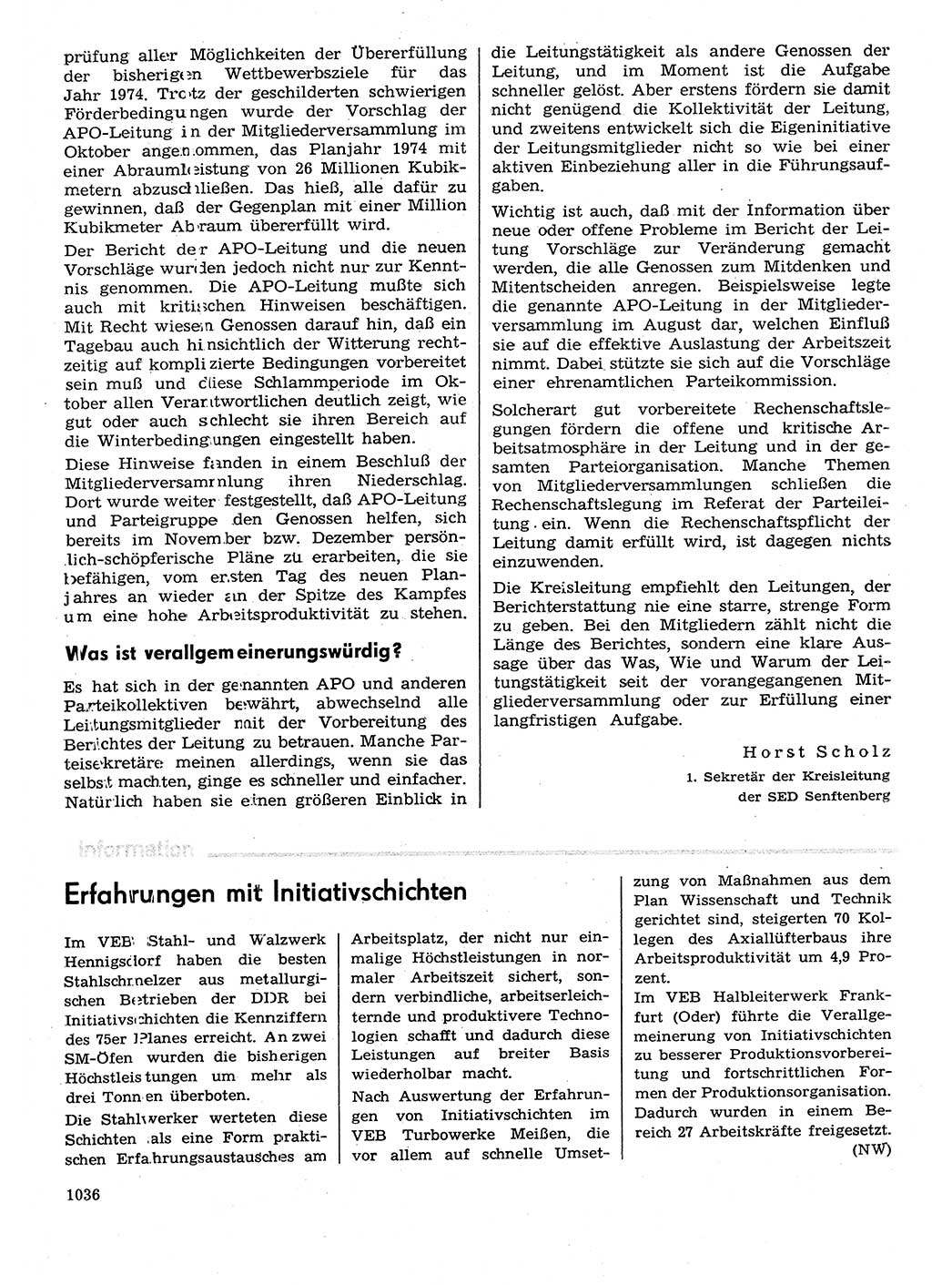 Neuer Weg (NW), Organ des Zentralkomitees (ZK) der SED (Sozialistische Einheitspartei Deutschlands) für Fragen des Parteilebens, 29. Jahrgang [Deutsche Demokratische Republik (DDR)] 1974, Seite 1036 (NW ZK SED DDR 1974, S. 1036)